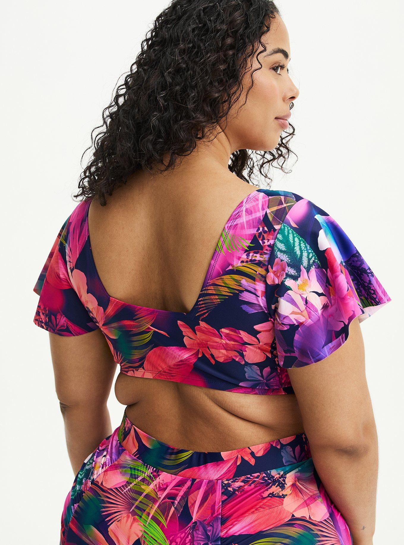 Flutter Sleeve Wrap Swim Top, MULTI LEAVES FLORAL BLUE, alternate