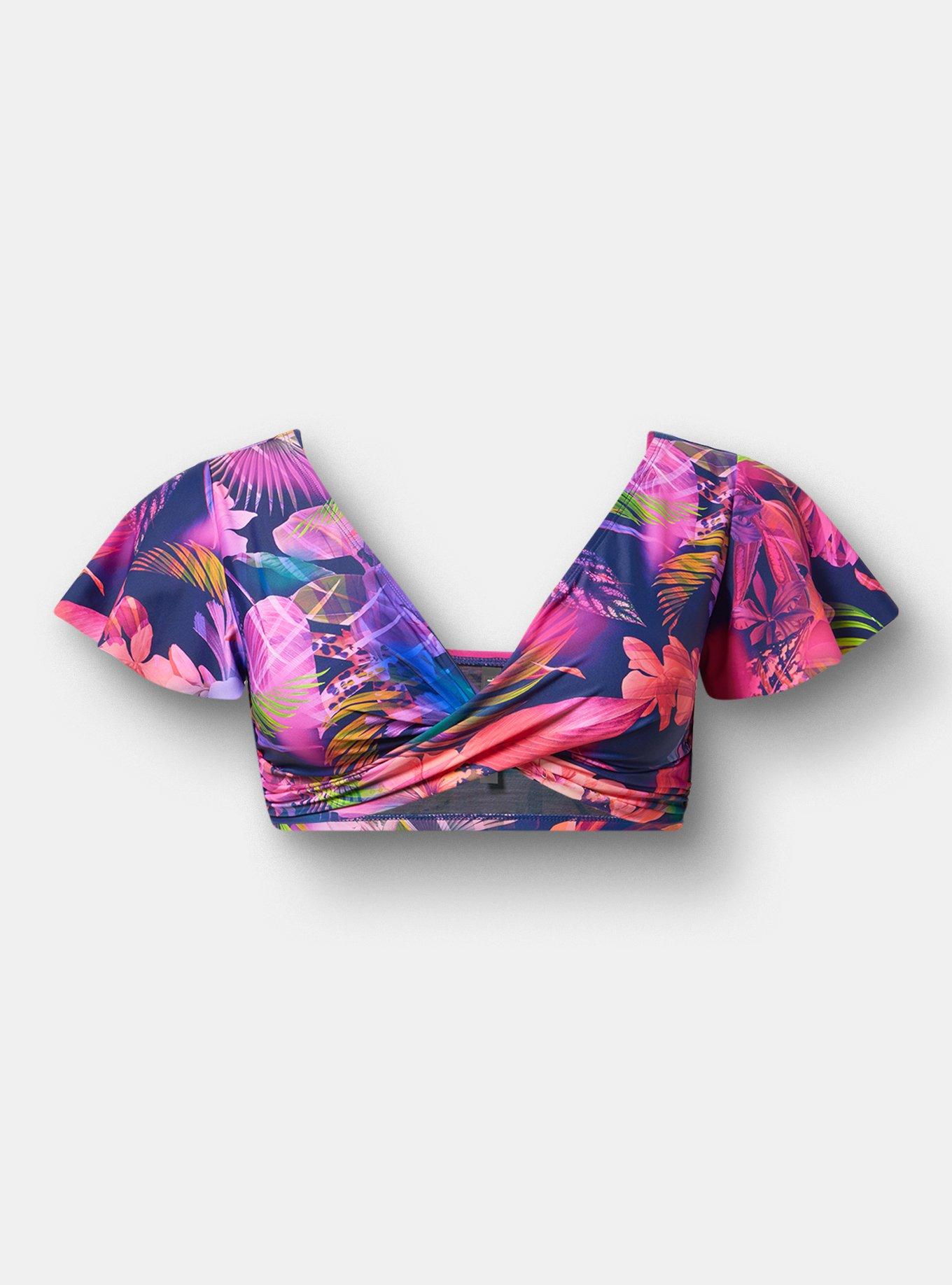 Flutter Sleeve Wrap Swim Top, MULTI LEAVES FLORAL BLUE, hi-res