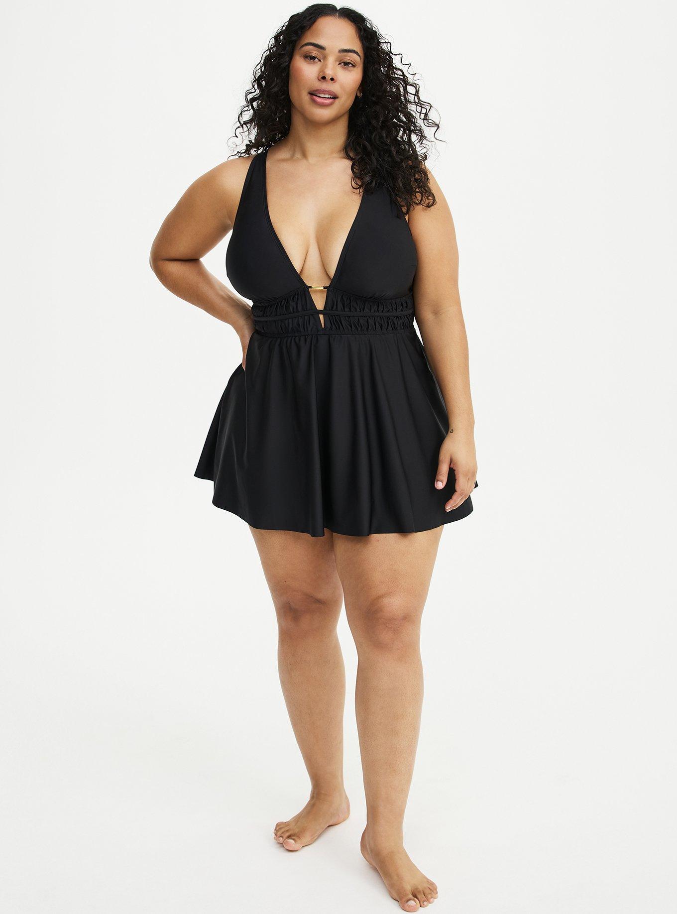 Smock Waist Triangle Swim Dress, DEEP BLACK, alternate