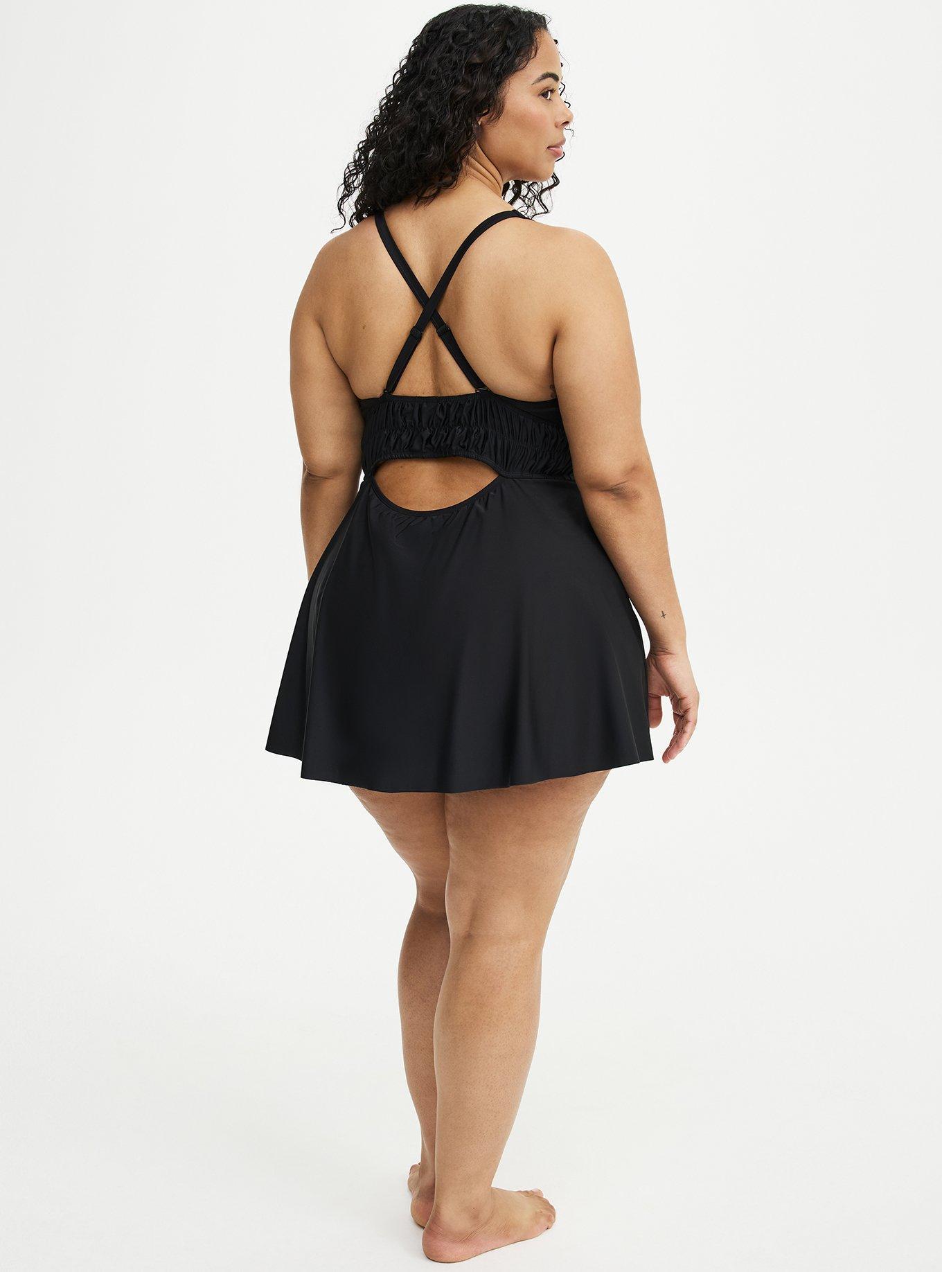 Smock Waist Triangle Swim Dress, DEEP BLACK, alternate