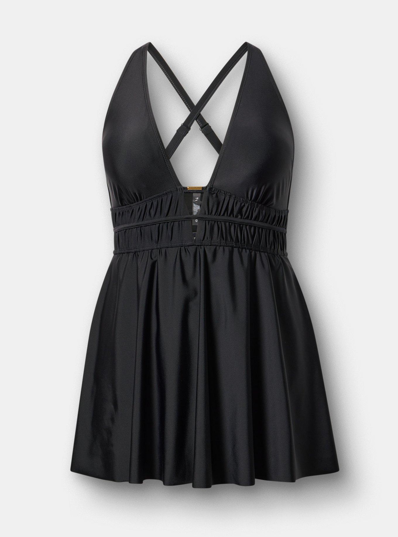 Smock Waist Triangle Swim Dress, DEEP BLACK, hi-res