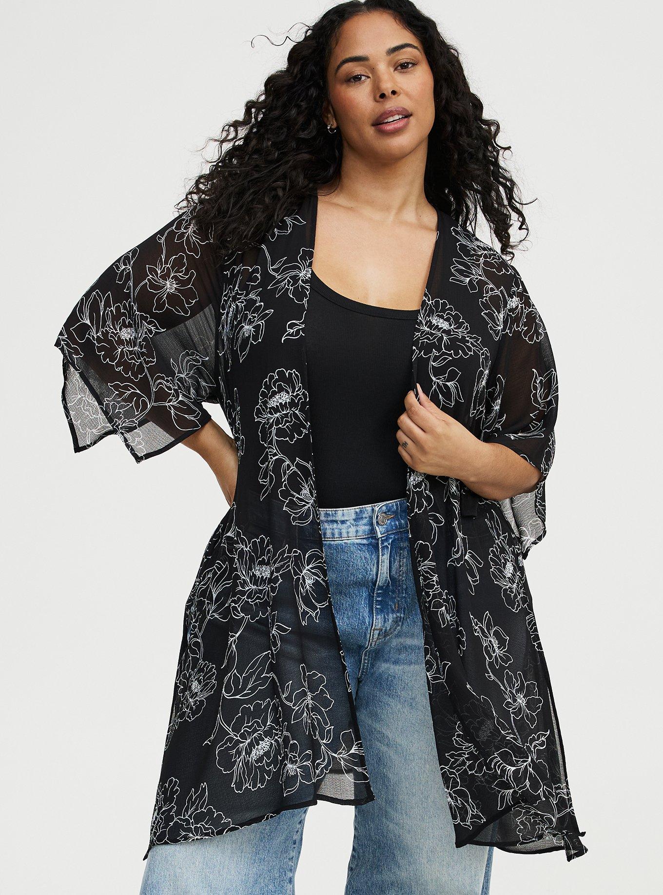 Crinkle Gauze Hanky Kimono, OPTIMISTIC FLORAL BLACK, hi-res