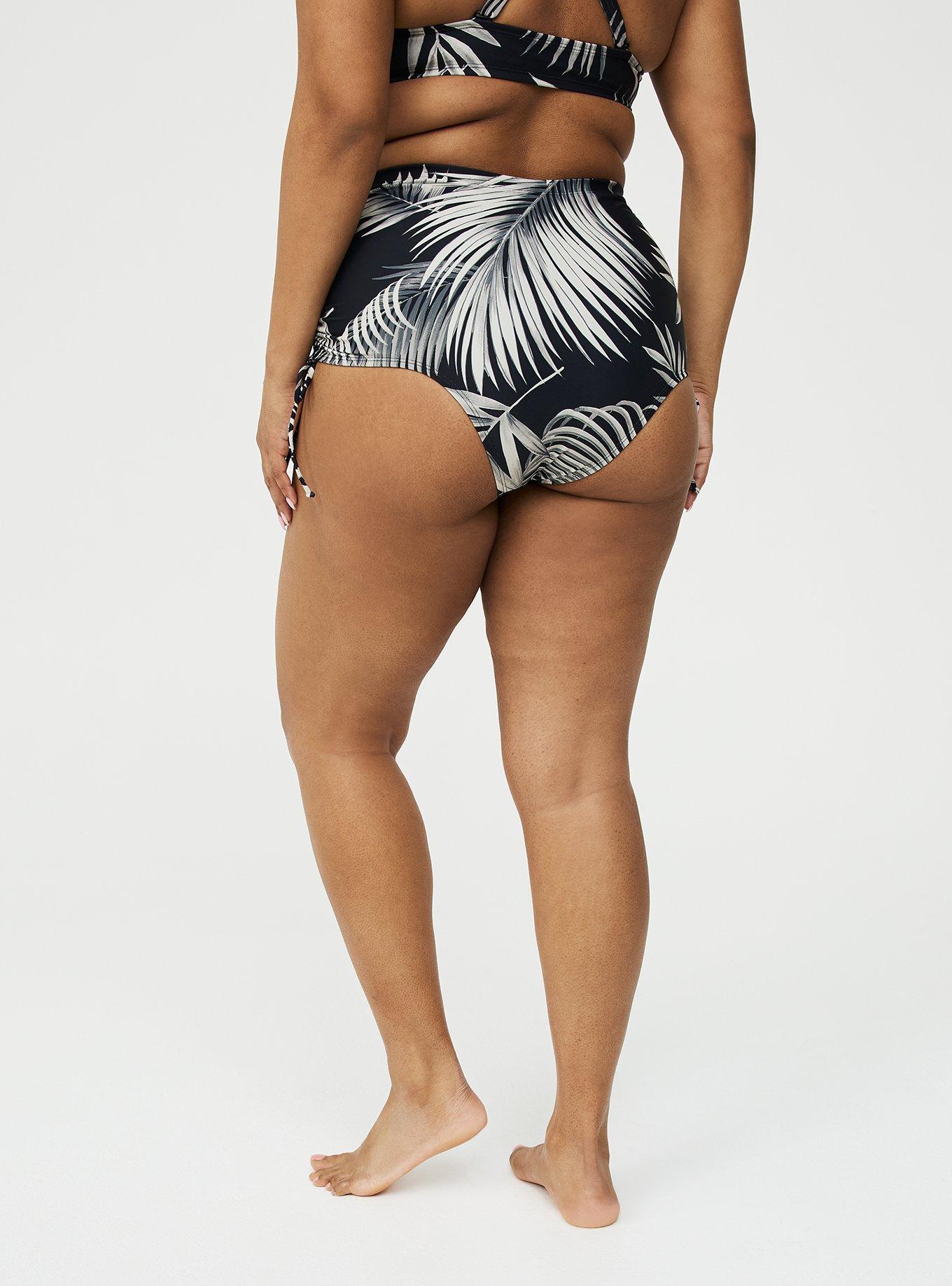 High-Leg Side-Tie Cheeky Swim Bottom, SHADED PALMS BLACK, alternate