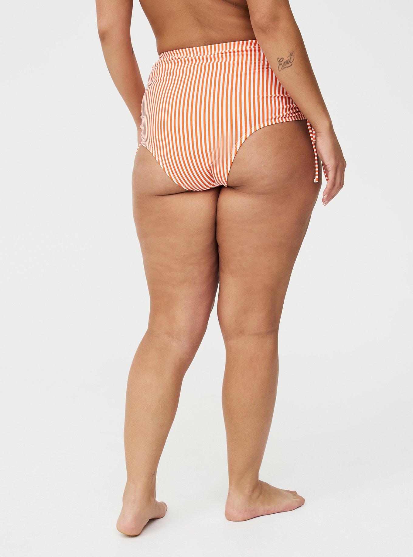High-Leg Side-Tie Cheeky Swim Bottom, DARCI STRIPE ORANGE, alternate