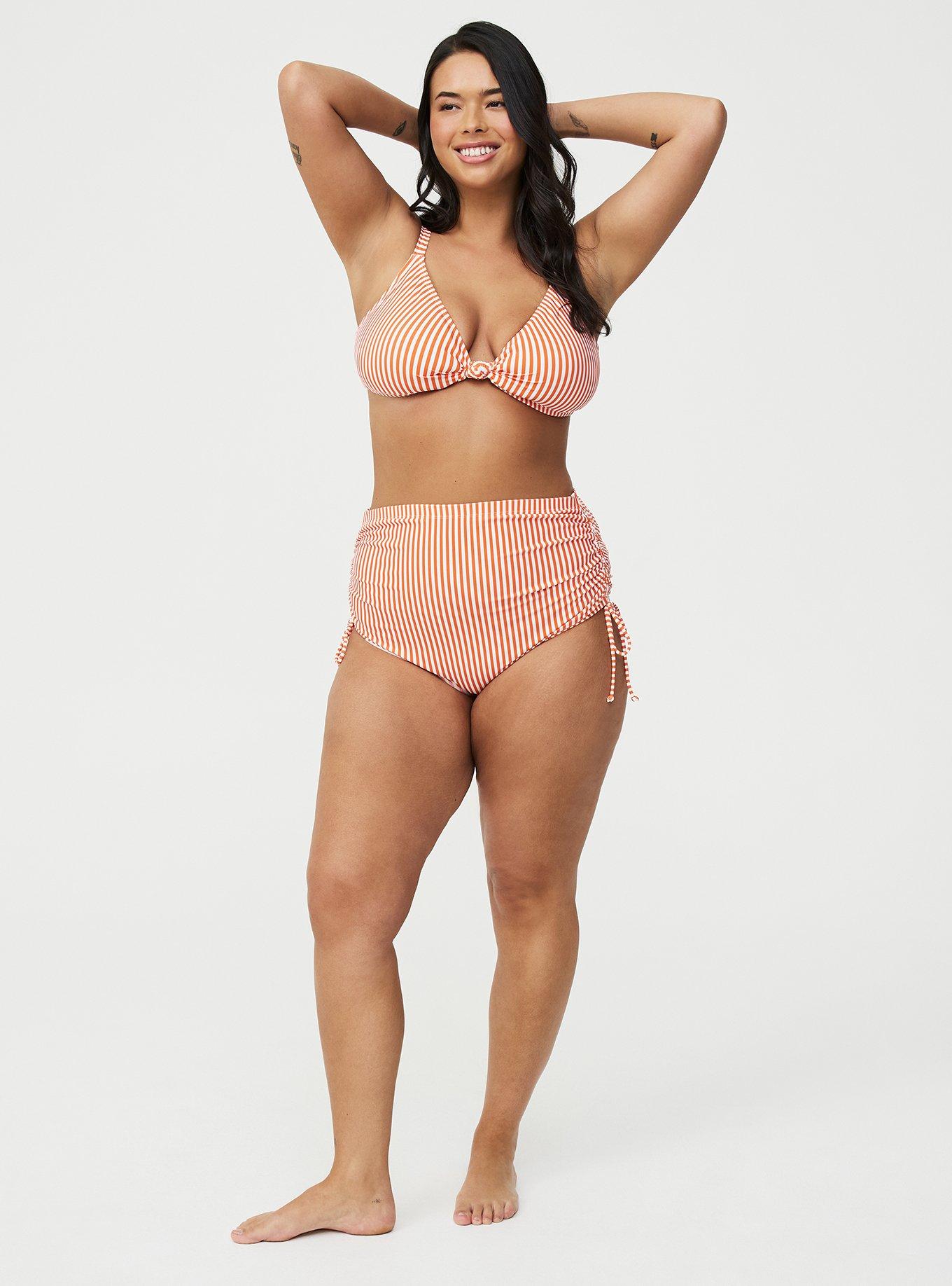 High-Leg Side-Tie Cheeky Swim Bottom, DARCI STRIPE ORANGE, alternate