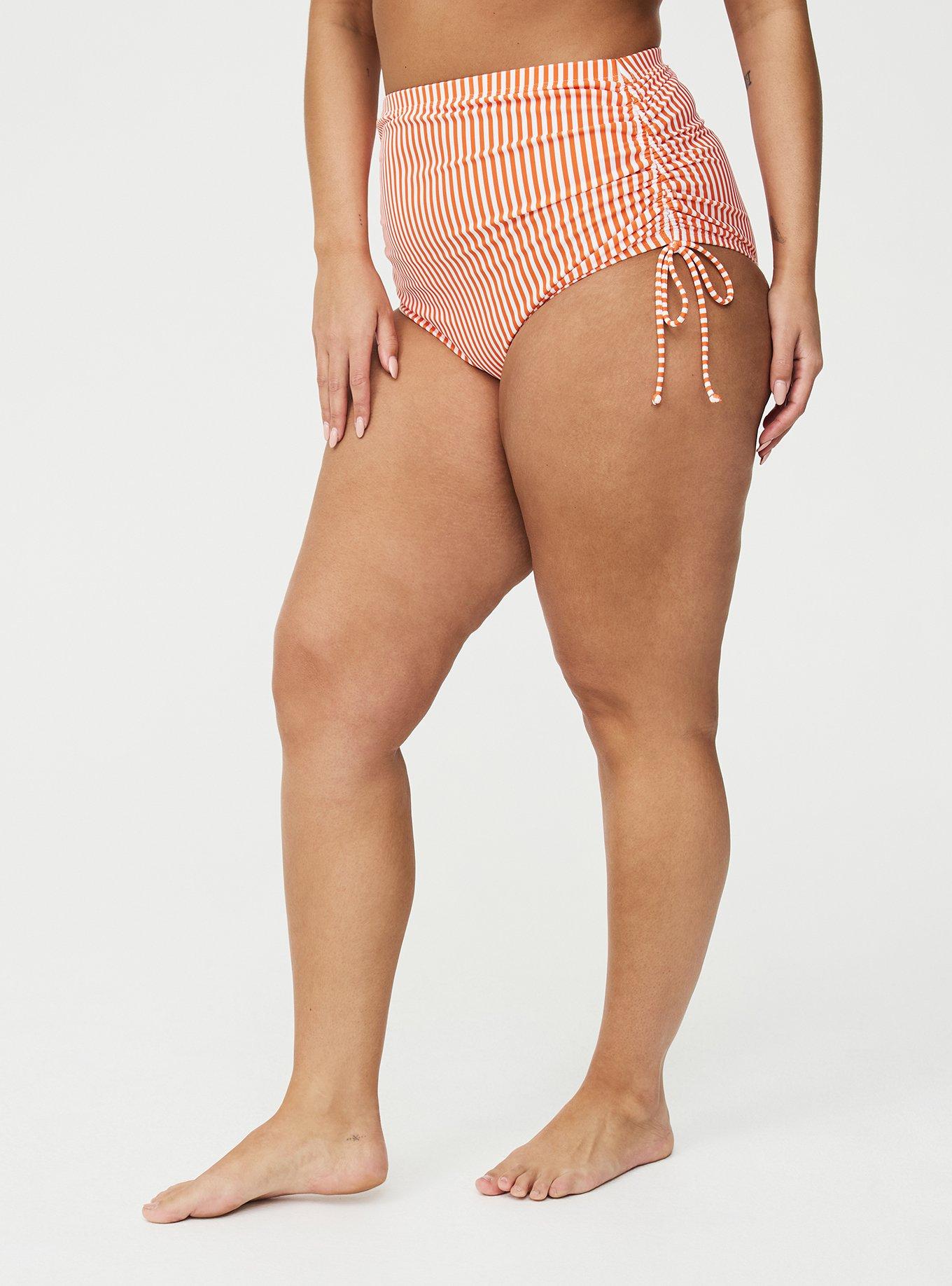 High-Leg Side-Tie Cheeky Swim Bottom, DARCI STRIPE ORANGE, hi-res