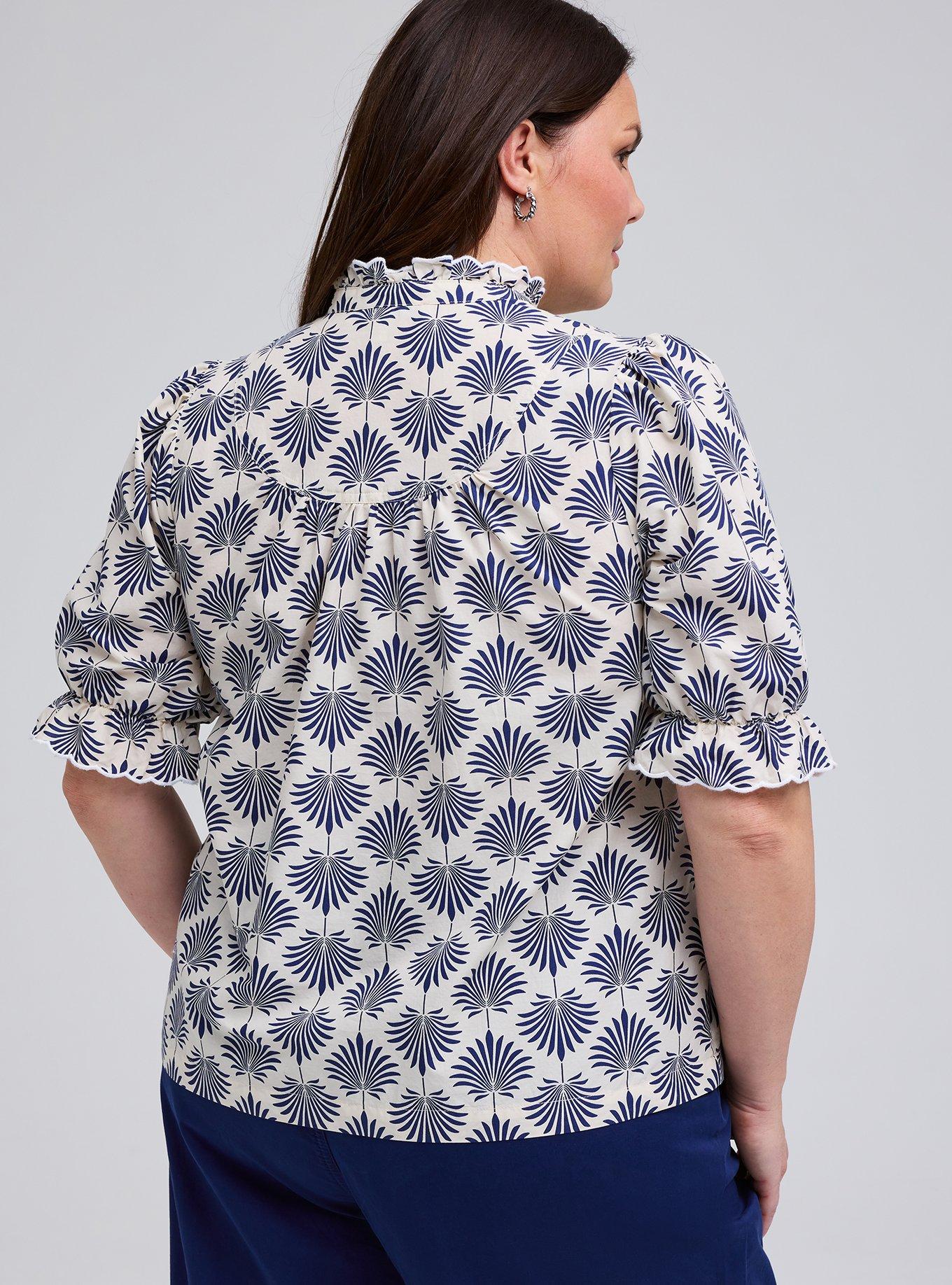 Belle Isle Ruffle Neck Puff Sleeve Top, FANNED LEAVES IVORY, alternate