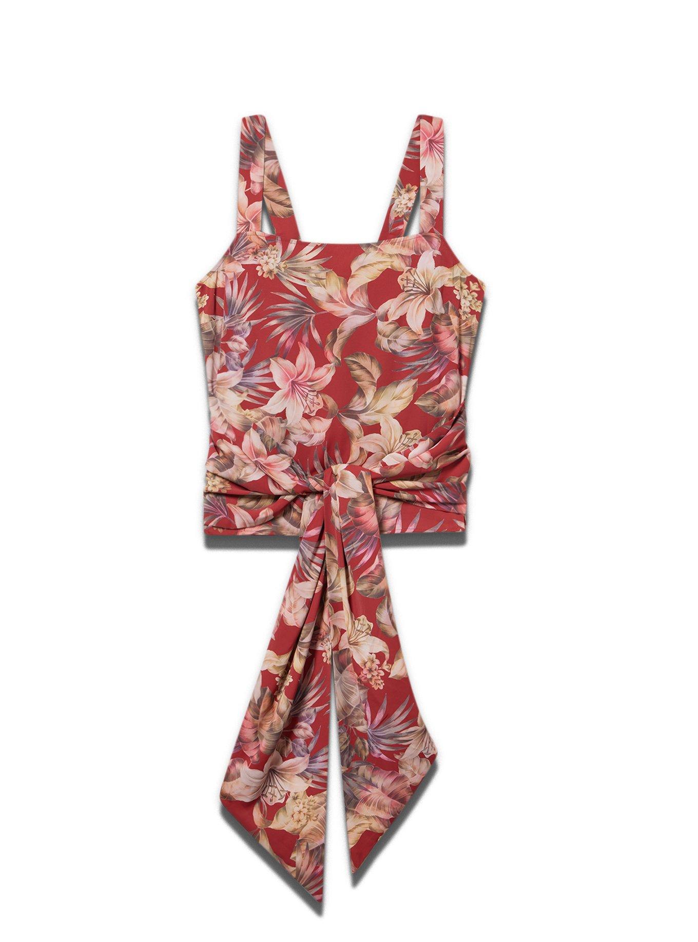 Studio Tie Front Cropped Tank, CANAL TROPICAL BURGUNDY, hi-res