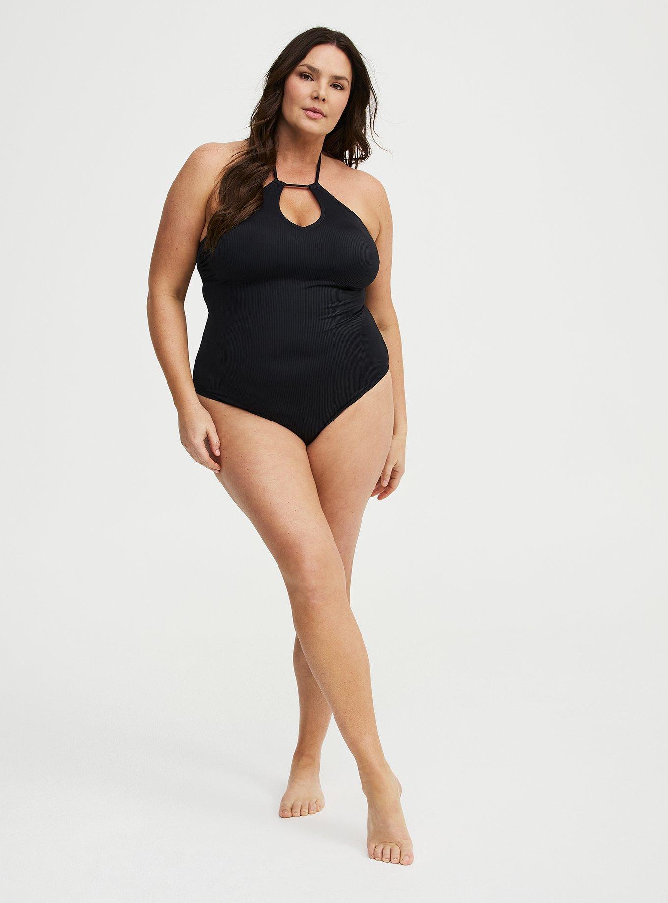 Wire-Free Ribbed One Piece Swimsuit, DEEP BLACK, alternate