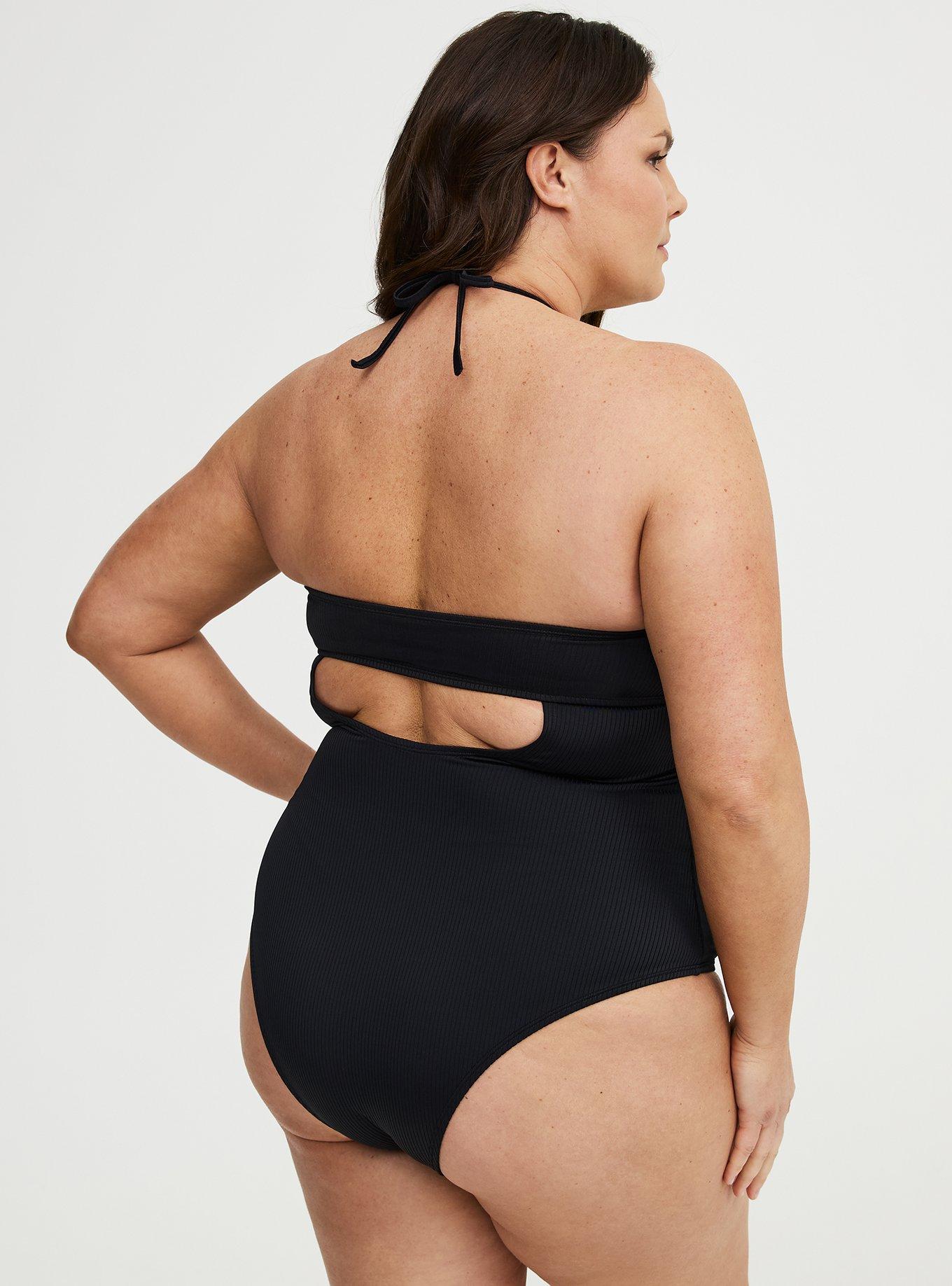 Wire-Free Ribbed One Piece Swimsuit, DEEP BLACK, alternate