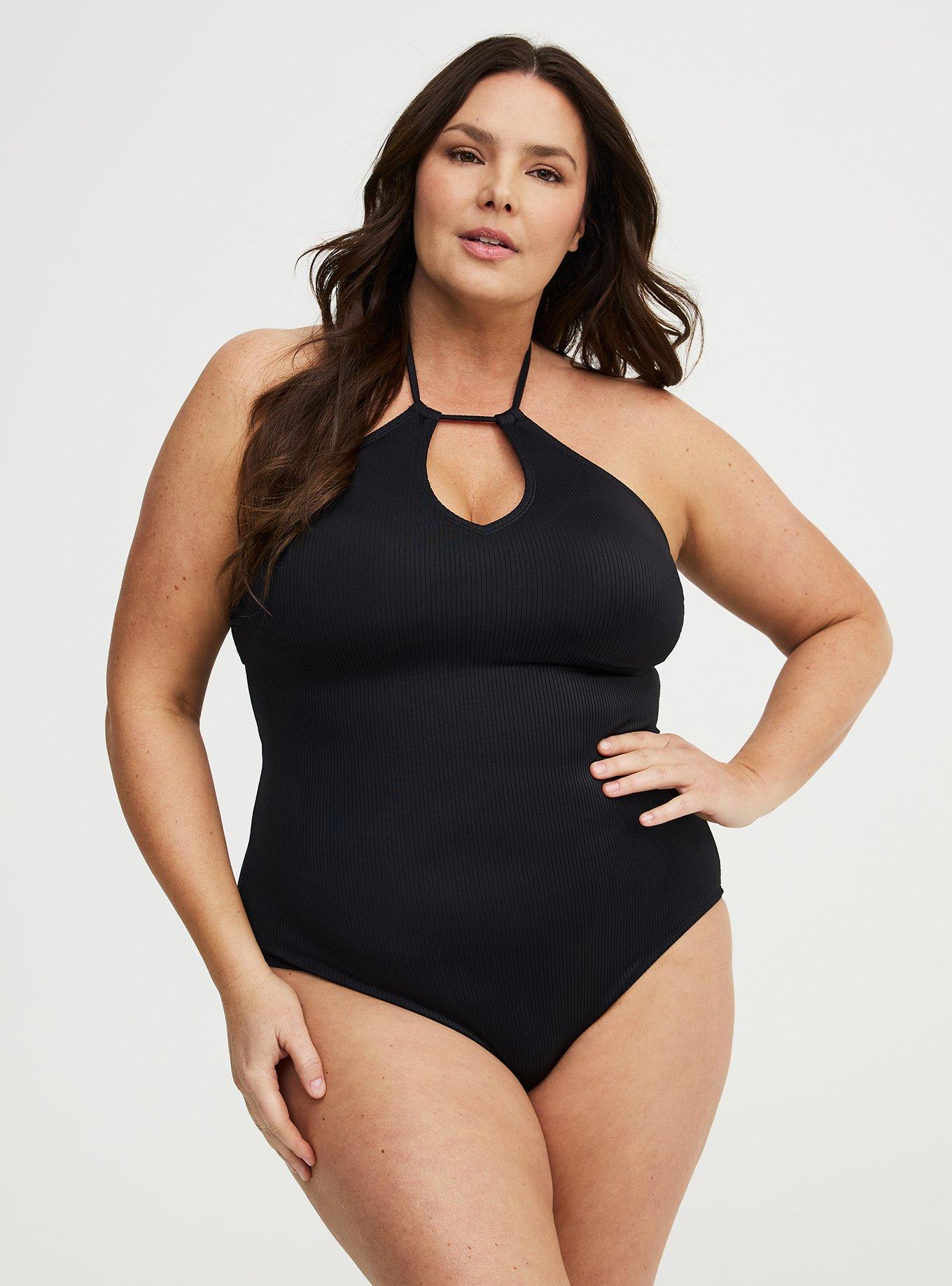Wire-Free Ribbed One Piece Swimsuit, DEEP BLACK, hi-res
