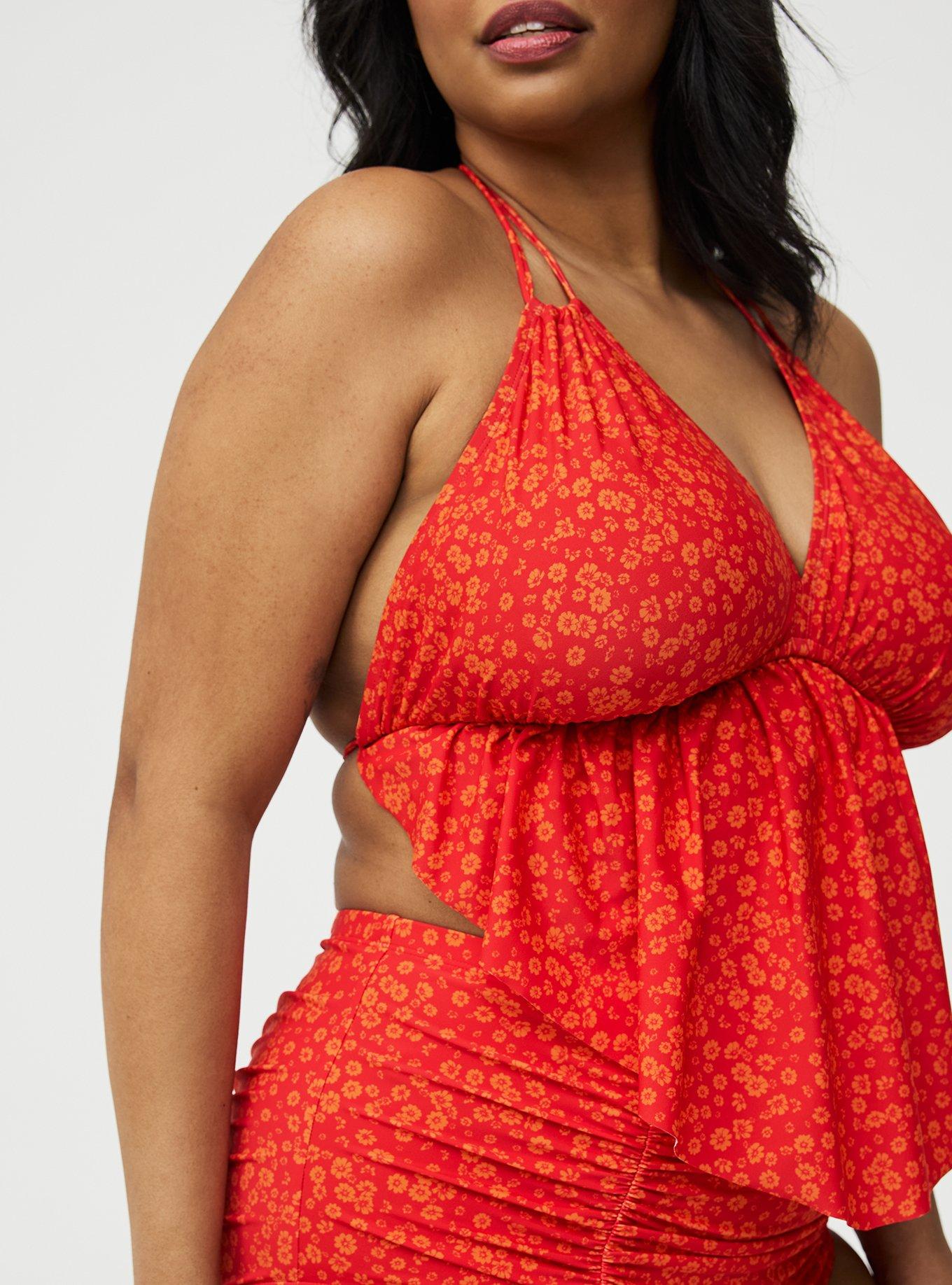 Wire-Free Tie Back Flounce Bikini Top, ELISE DITSY RED, alternate