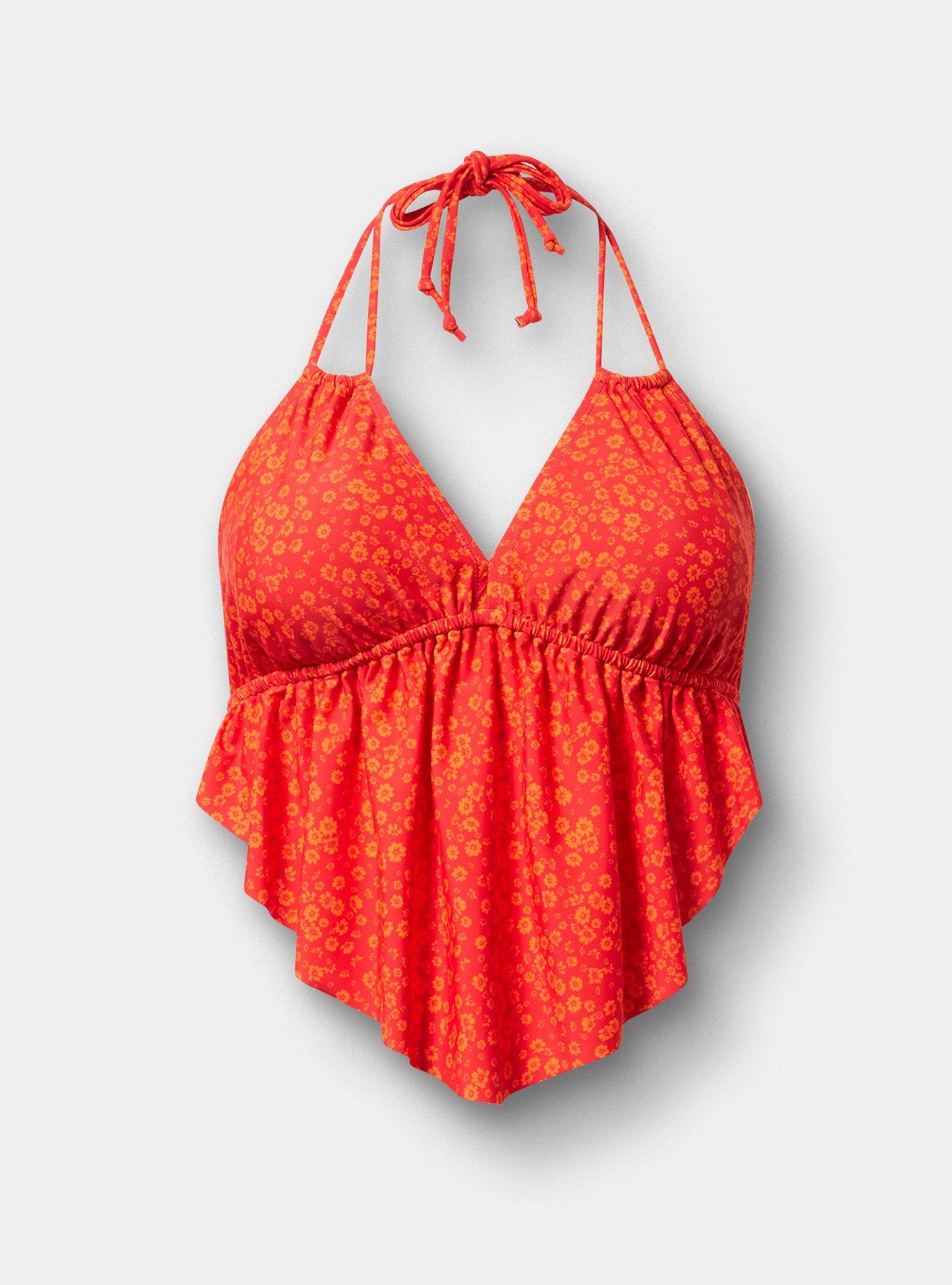 Wire-Free Tie Back Flounce Bikini Top, ELISE DITSY RED, hi-res