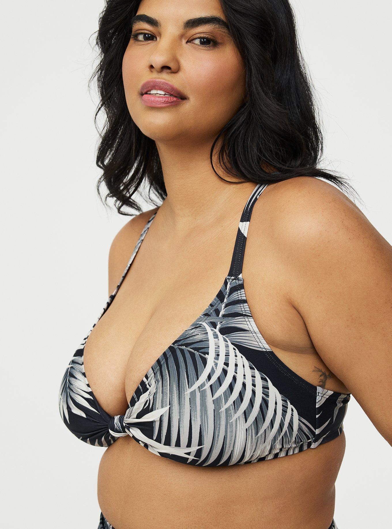 Wire-Free Knotted Triangle Bikini Top, SHADED PALMS BLACK, alternate