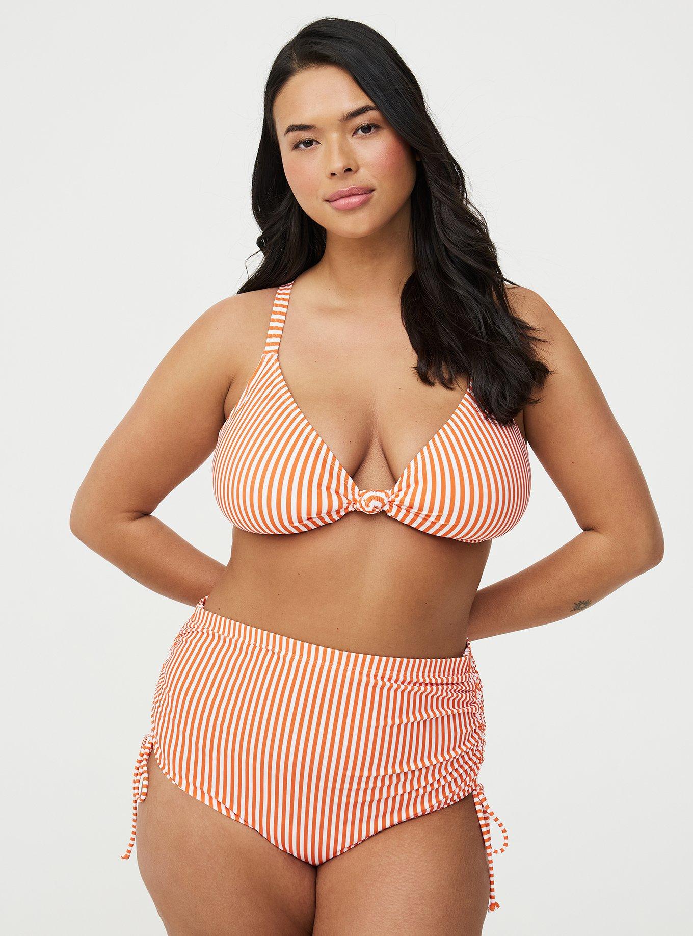 Wire-Free Knotted Triangle Bikini Top, DARCI STRIPE ORANGE, hi-res
