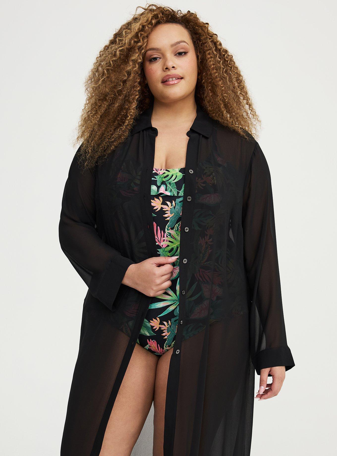 Maxi Button Through Swim Cover-Up, DEEP BLACK, alternate