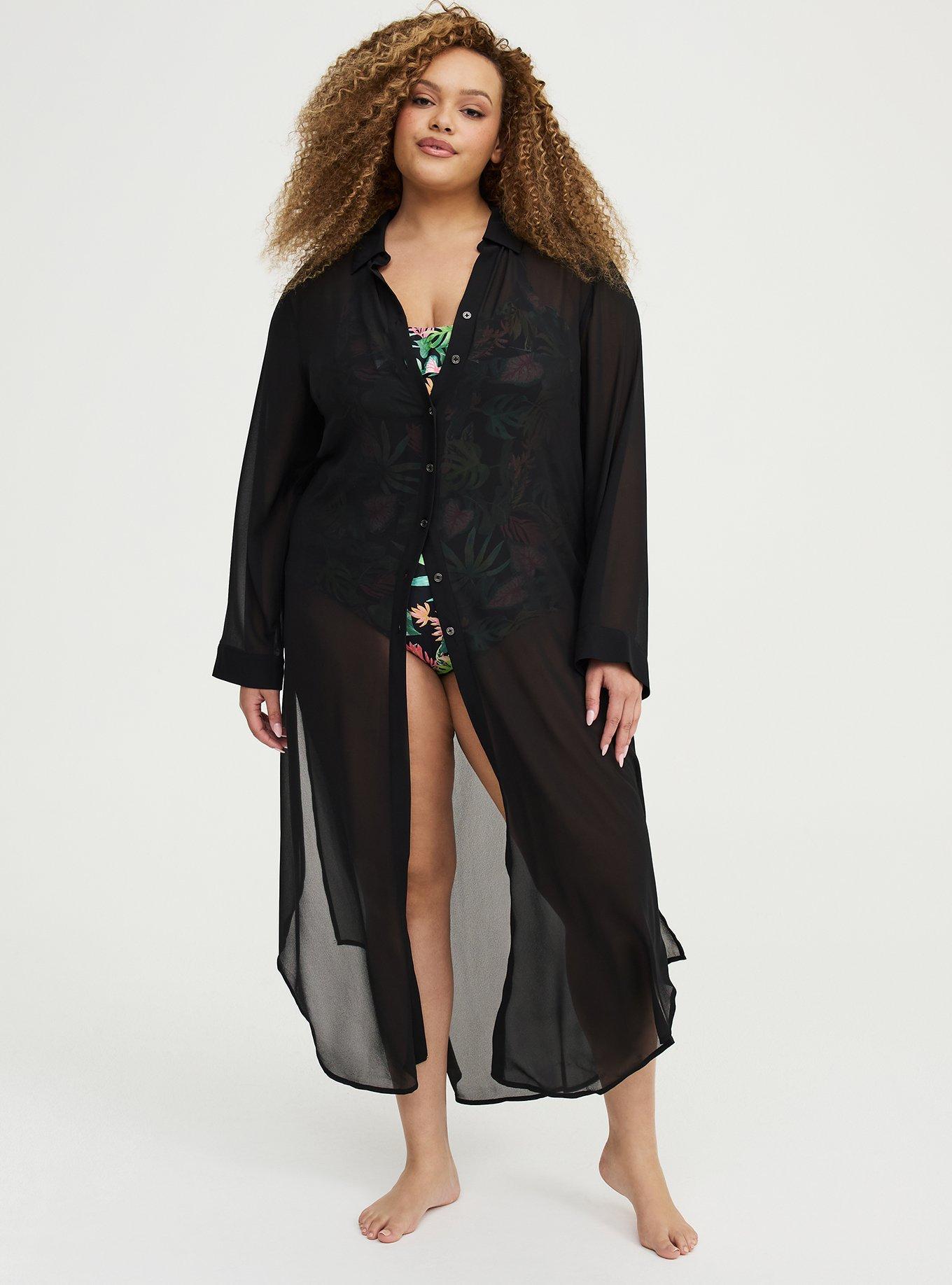 Maxi Button Through Swim Cover-Up, DEEP BLACK, alternate