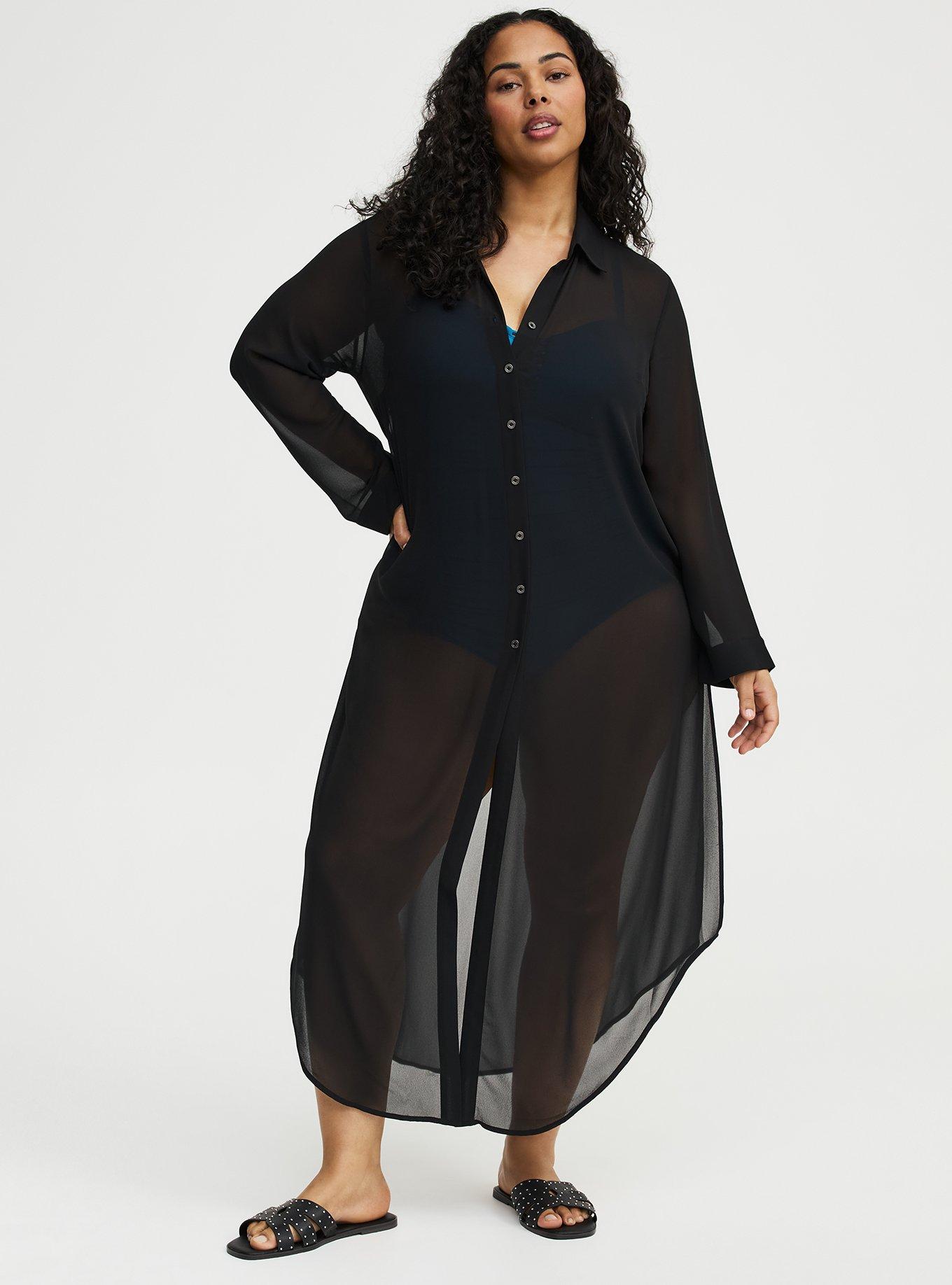 Maxi Button Through Swim Cover-Up, DEEP BLACK, hi-res