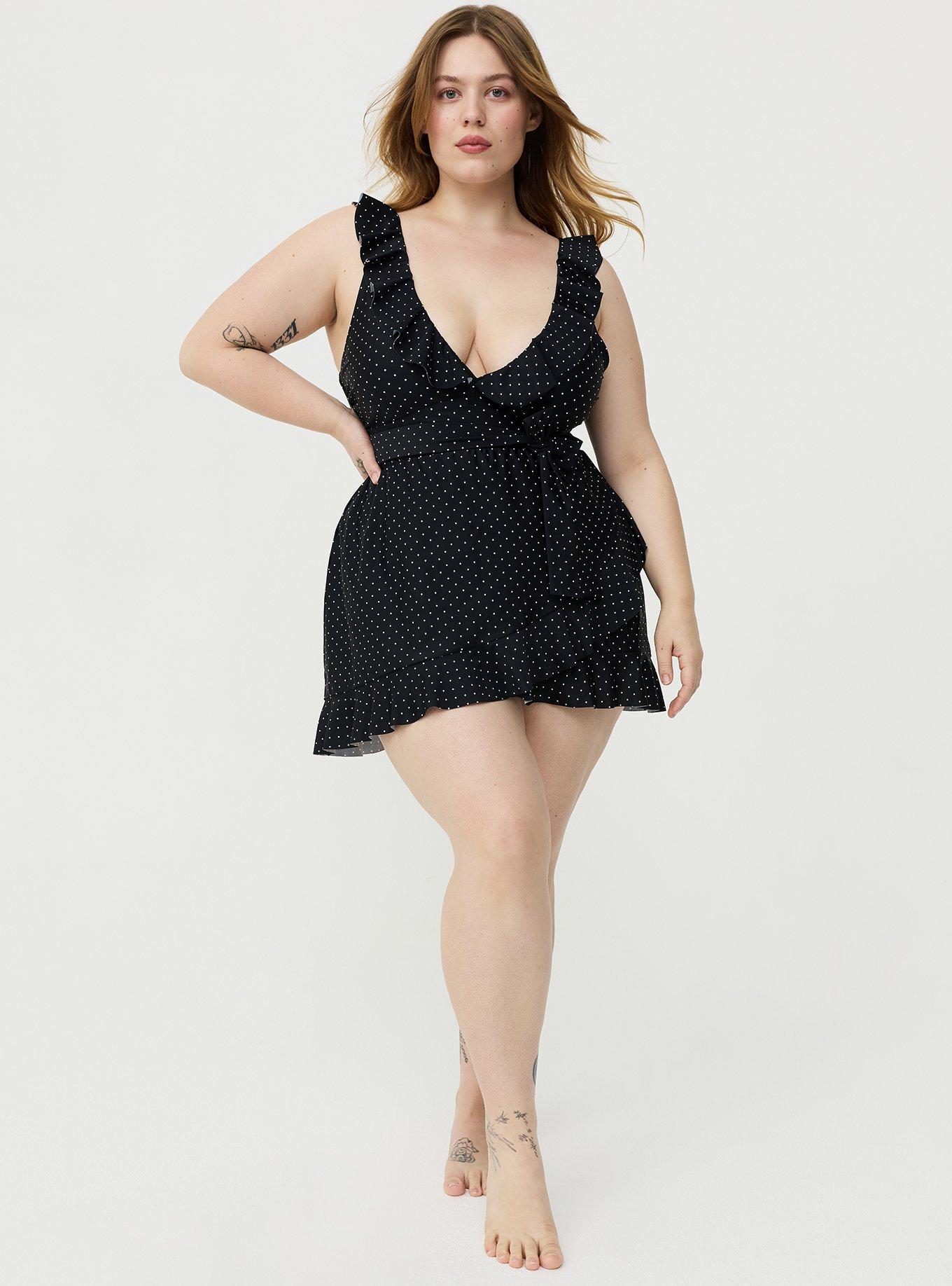 Plus Size Wireless Ruffle Swim Dress, PAIGE DOT DEEP BLACK, hi-res