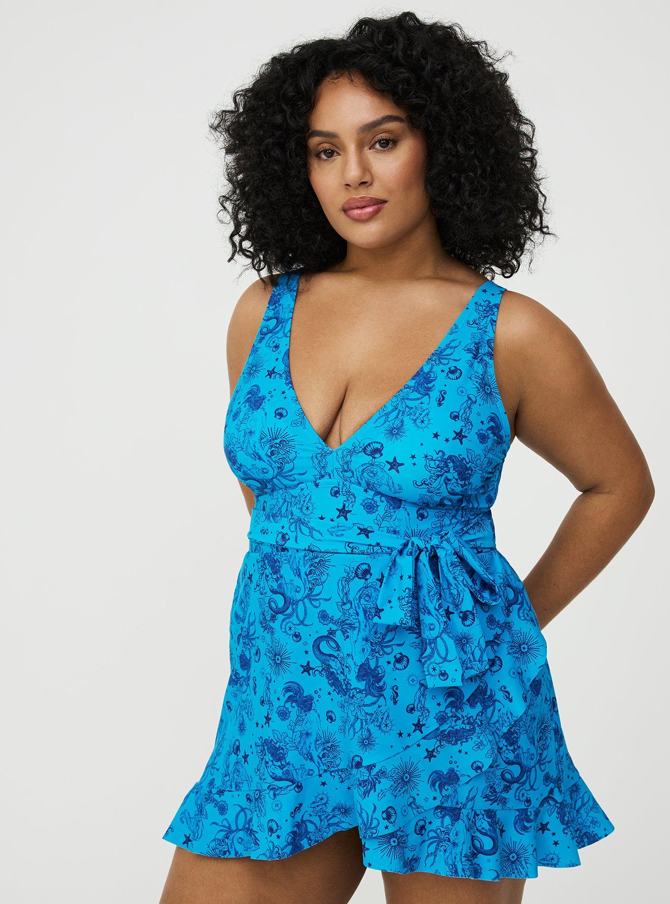 Plus Size Wireless Ruffle Swim Dress, OCEAN MERMAID FANTASY TEAL, hi-res