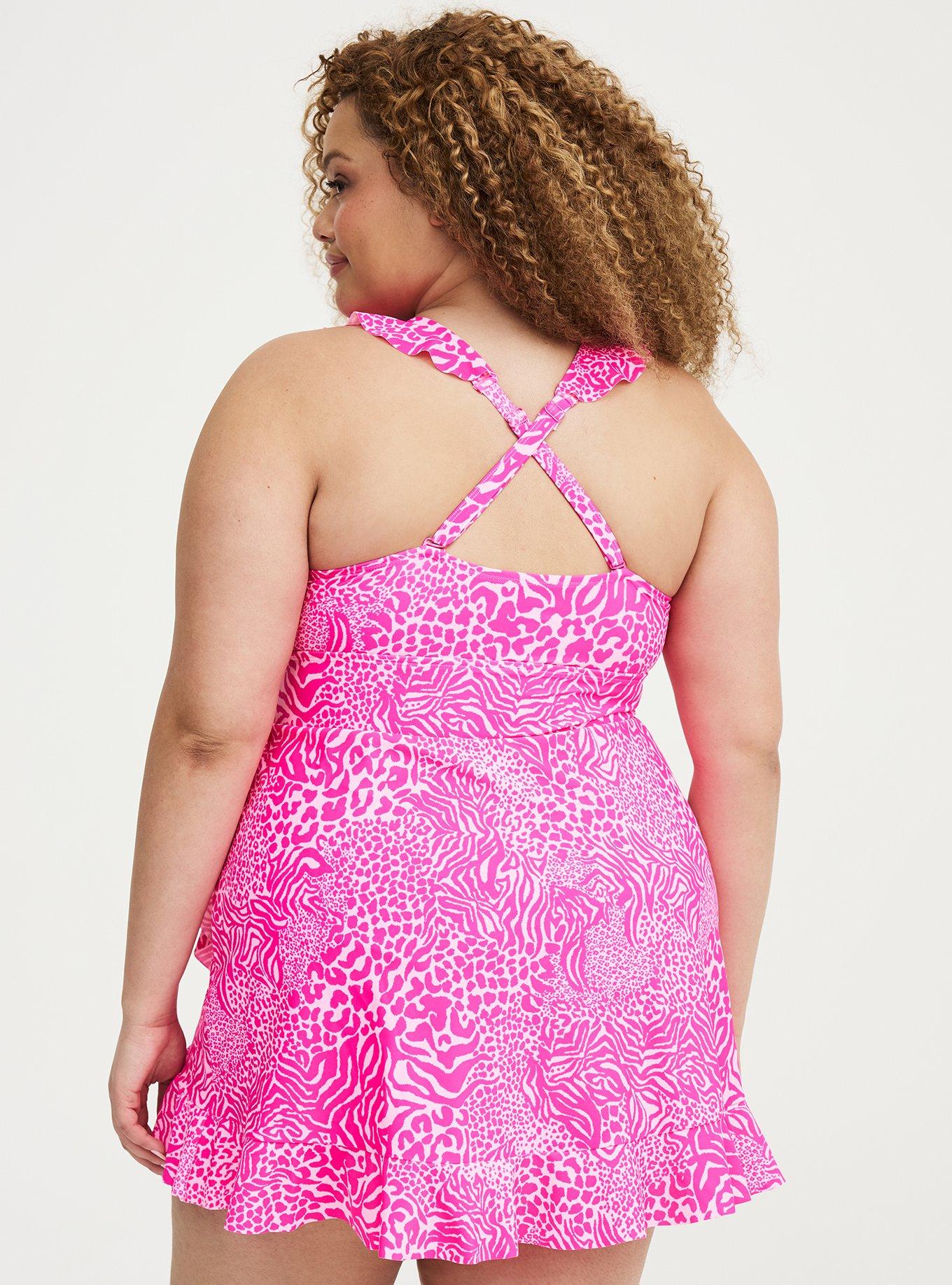 Wireless Ruffle Swim Dress, MIXED ANIMAL PINK, alternate