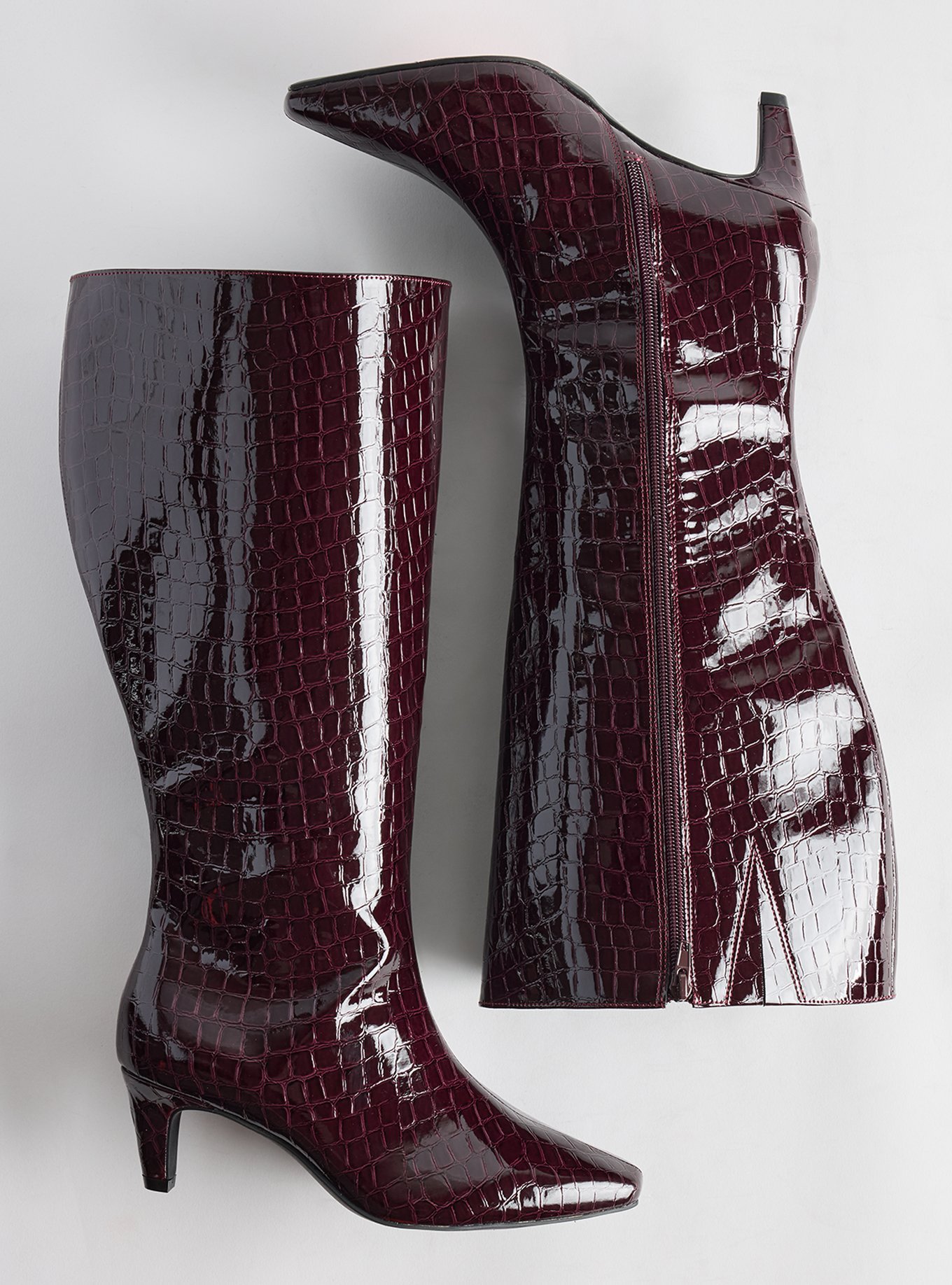 Kitten Heel Knee Boot (WW), WINE FAUX CROC, hi-res