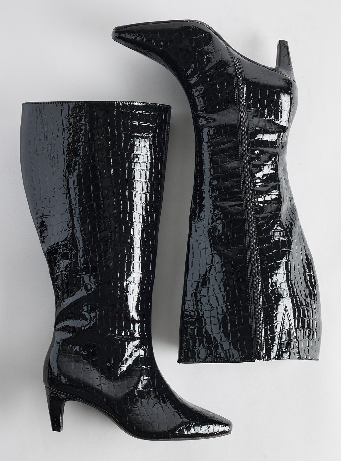 Kitten Heel Knee Boot (WW), BLACK FAUX CROC, hi-res
