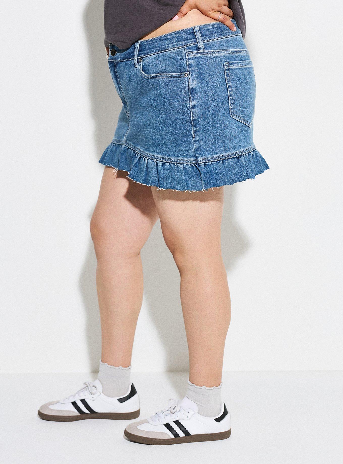 LOVESICK RUFFLE HEM DENIM SKIRT, MEDIUM WASH DENIM, alternate