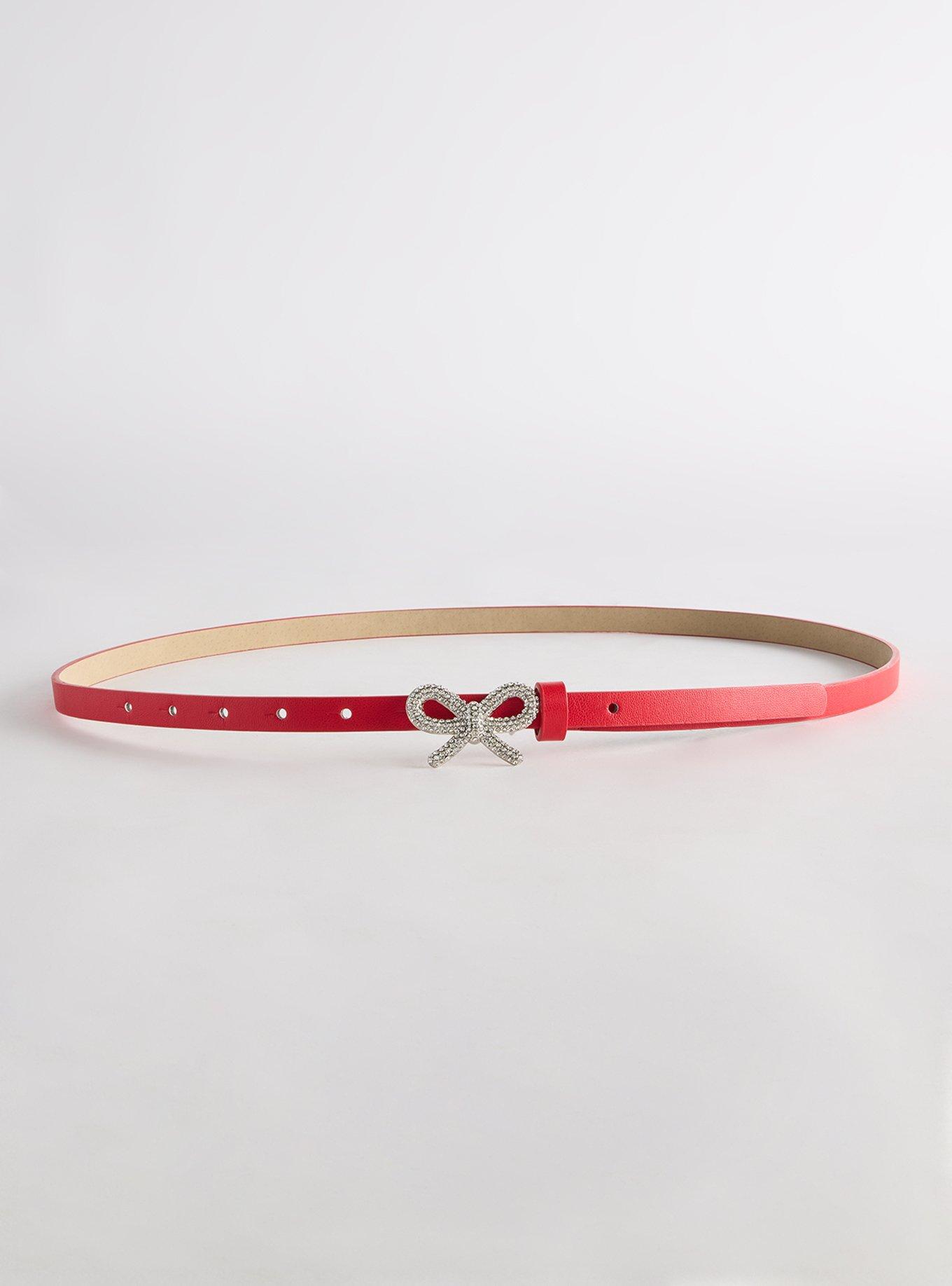 Bow Buckle Skinny Denim Belt, RED, alternate