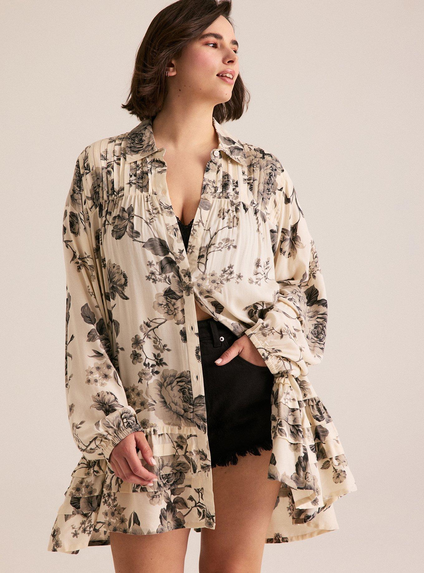 Plus Size Festi Pintuck Button-Front Tunic, HAL FLORAL CREAM, hi-res