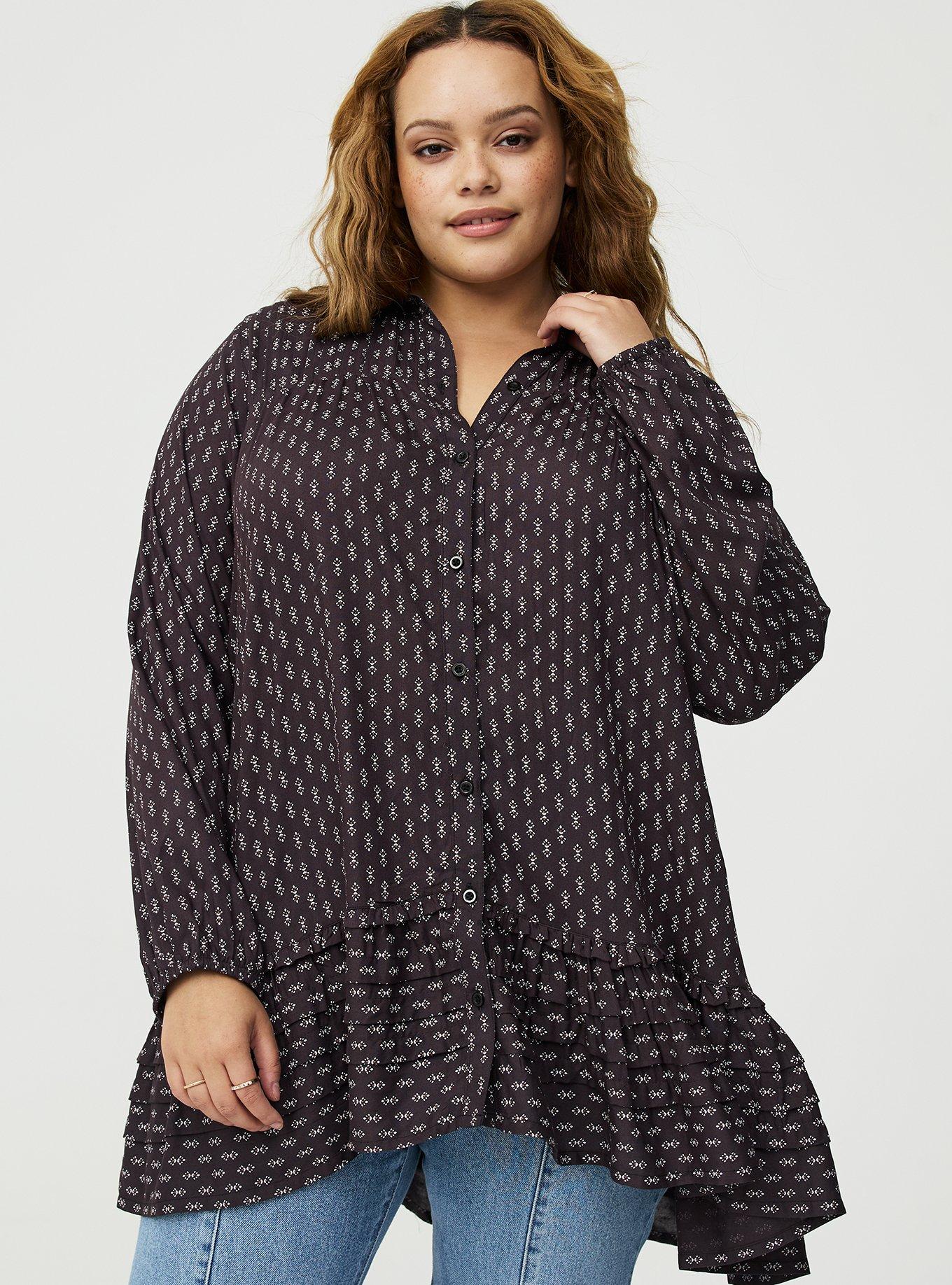 Plus Size Festi Pintuck Button-Front Tunic, VIC MOTIFS CHARCOAL, hi-res