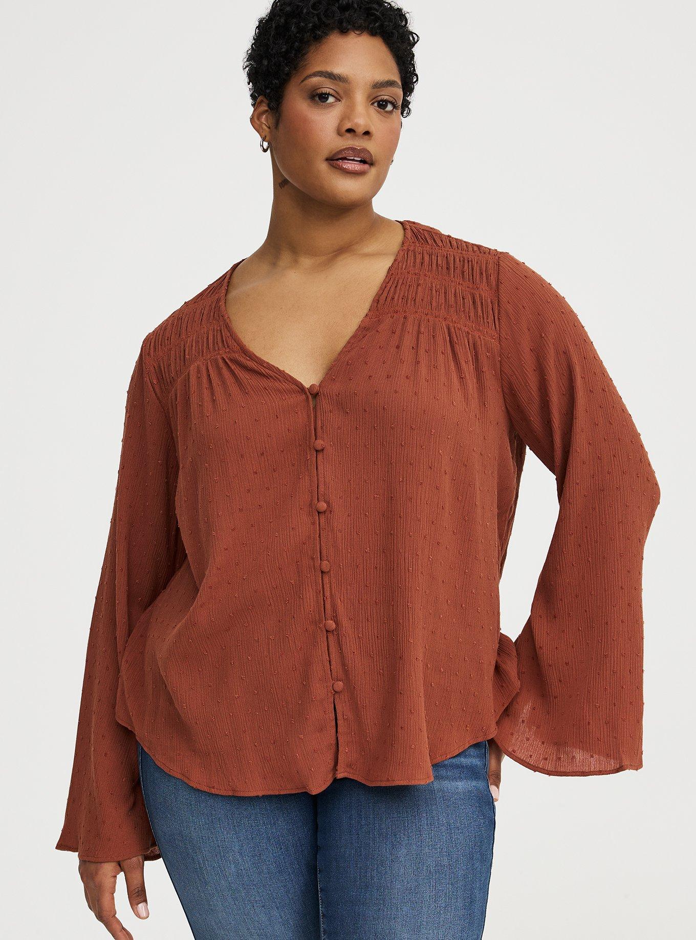 Gauze V-Neck Long Sleeve Top, SEQUOIA, hi-res