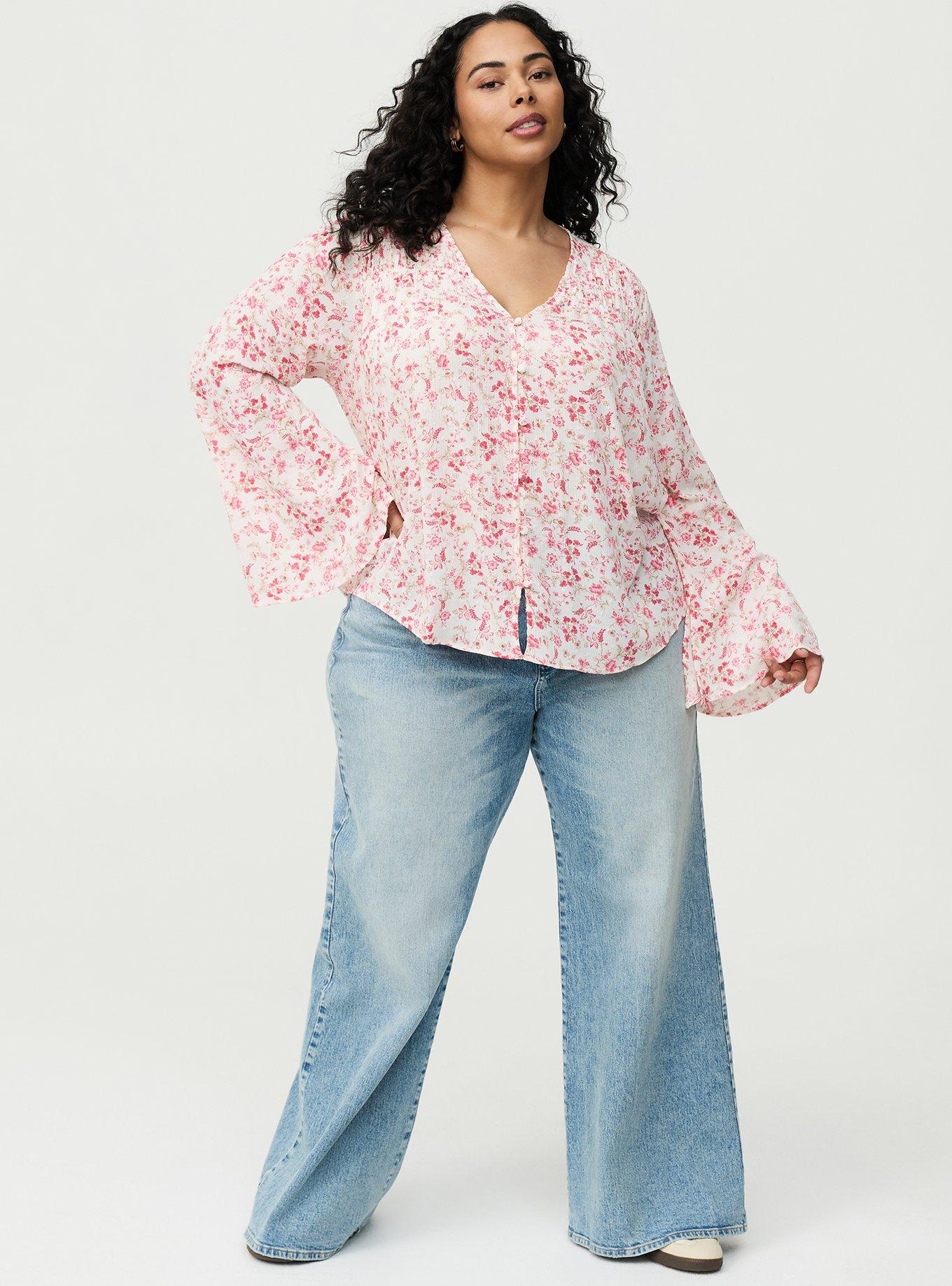 Gauze V-Neck Long Sleeve Top, ENTICE FLORALS SMALL CORAL, alternate