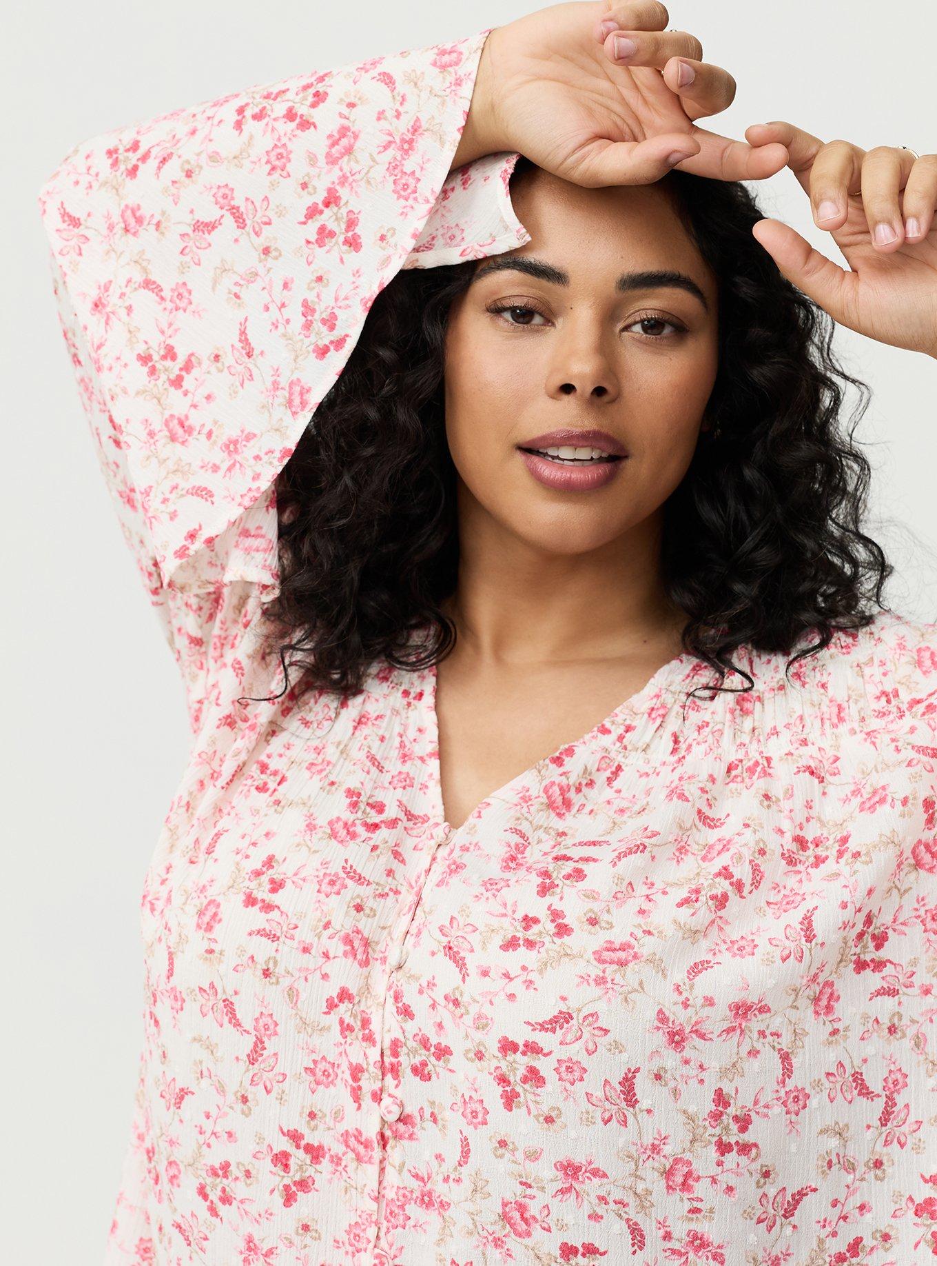 Gauze V-Neck Long Sleeve Top, ENTICE FLORALS SMALL CORAL, alternate