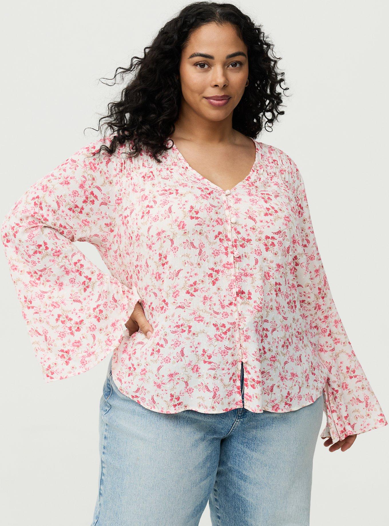 Gauze V-Neck Long Sleeve Top, ENTICE FLORALS SMALL CORAL, hi-res