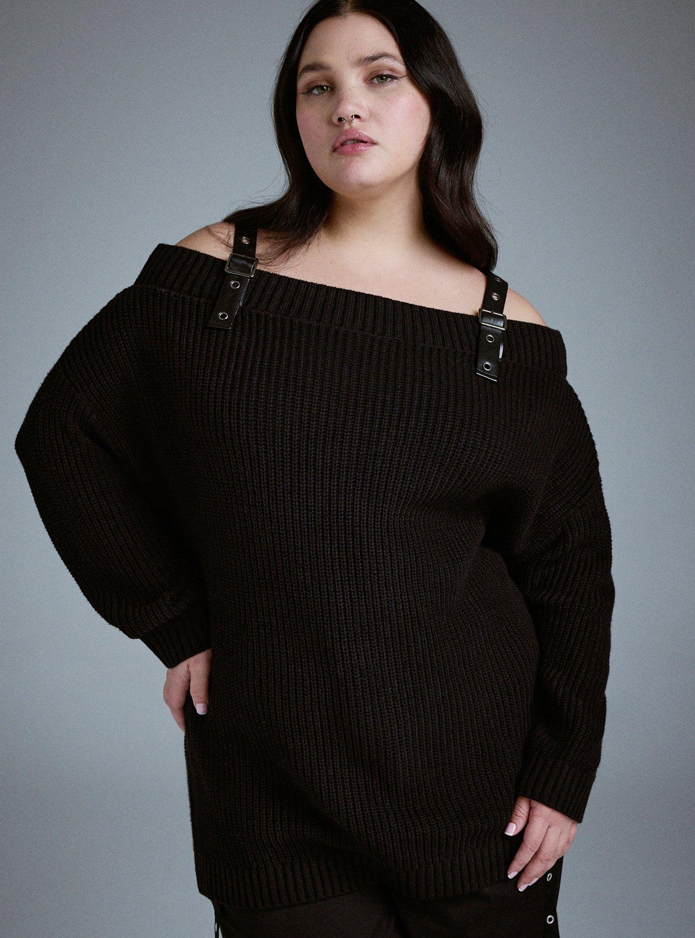 Nightfall Buckle Strap Off-Shoulder Sweater, DEEP BLACK, alternate