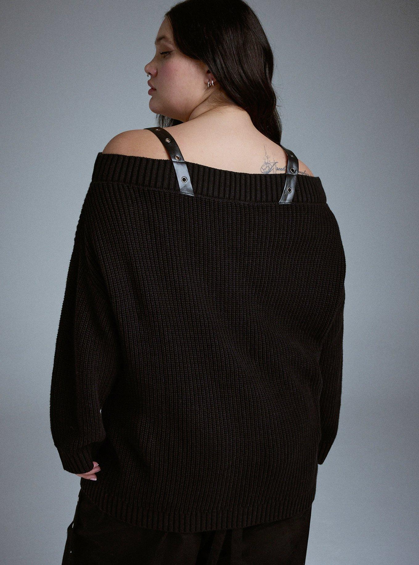 Nightfall Buckle Strap Off-Shoulder Sweater, DEEP BLACK, alternate