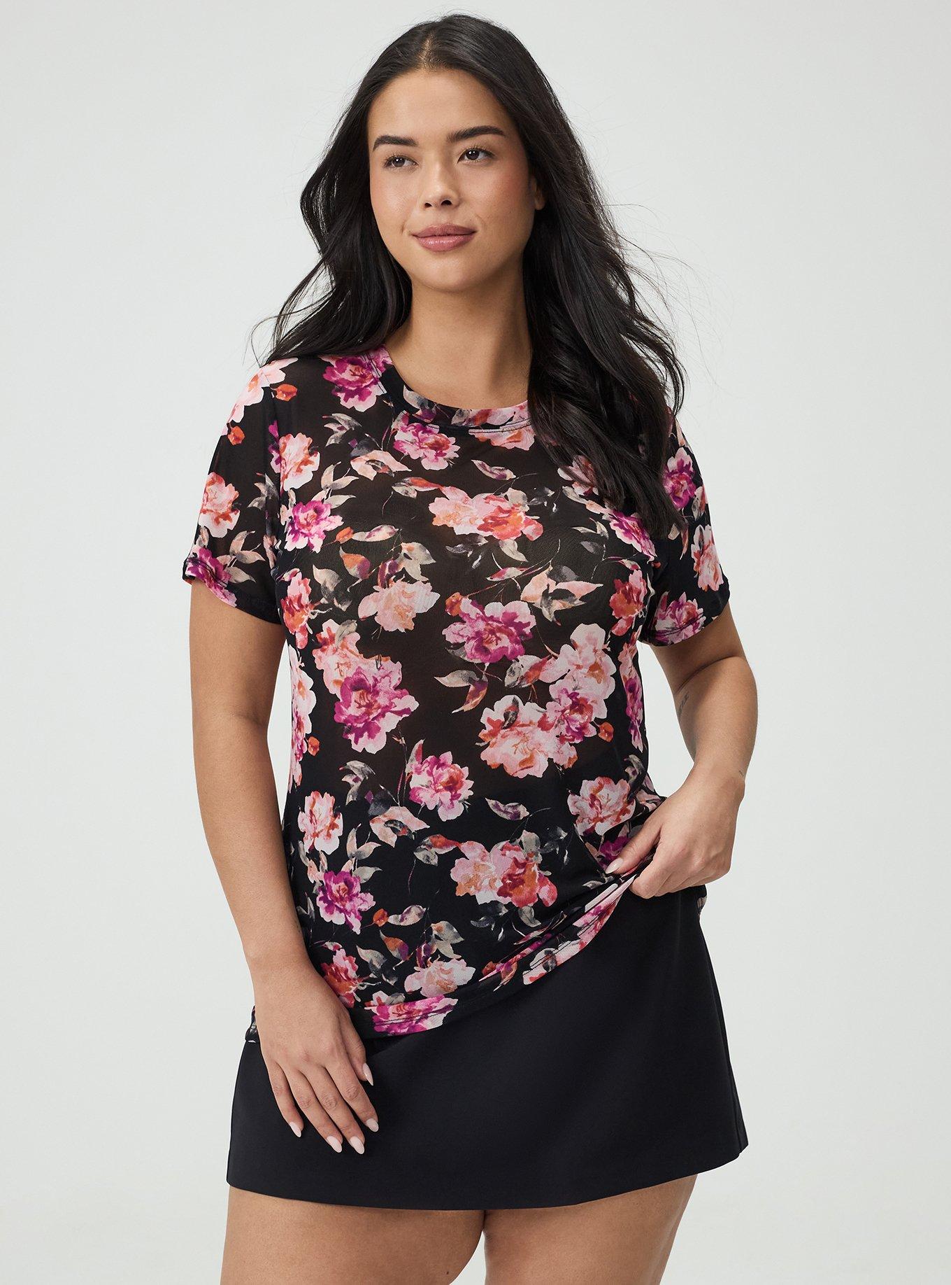 Mesh Layering Tee, AURA FLORAL BLACK, hi-res