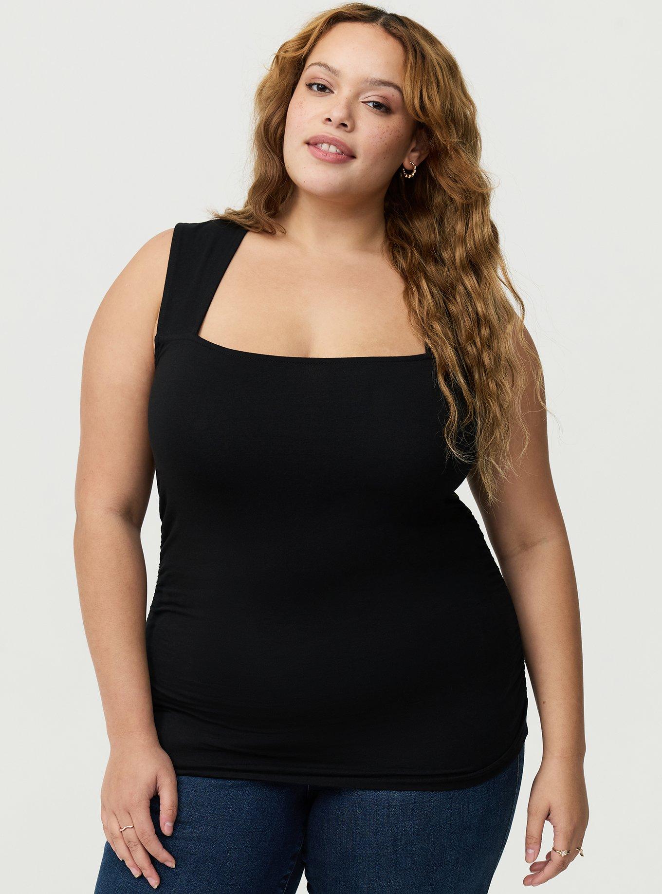 Plus Size Foxy Ruched Square Tank, DEEP BLACK, hi-res