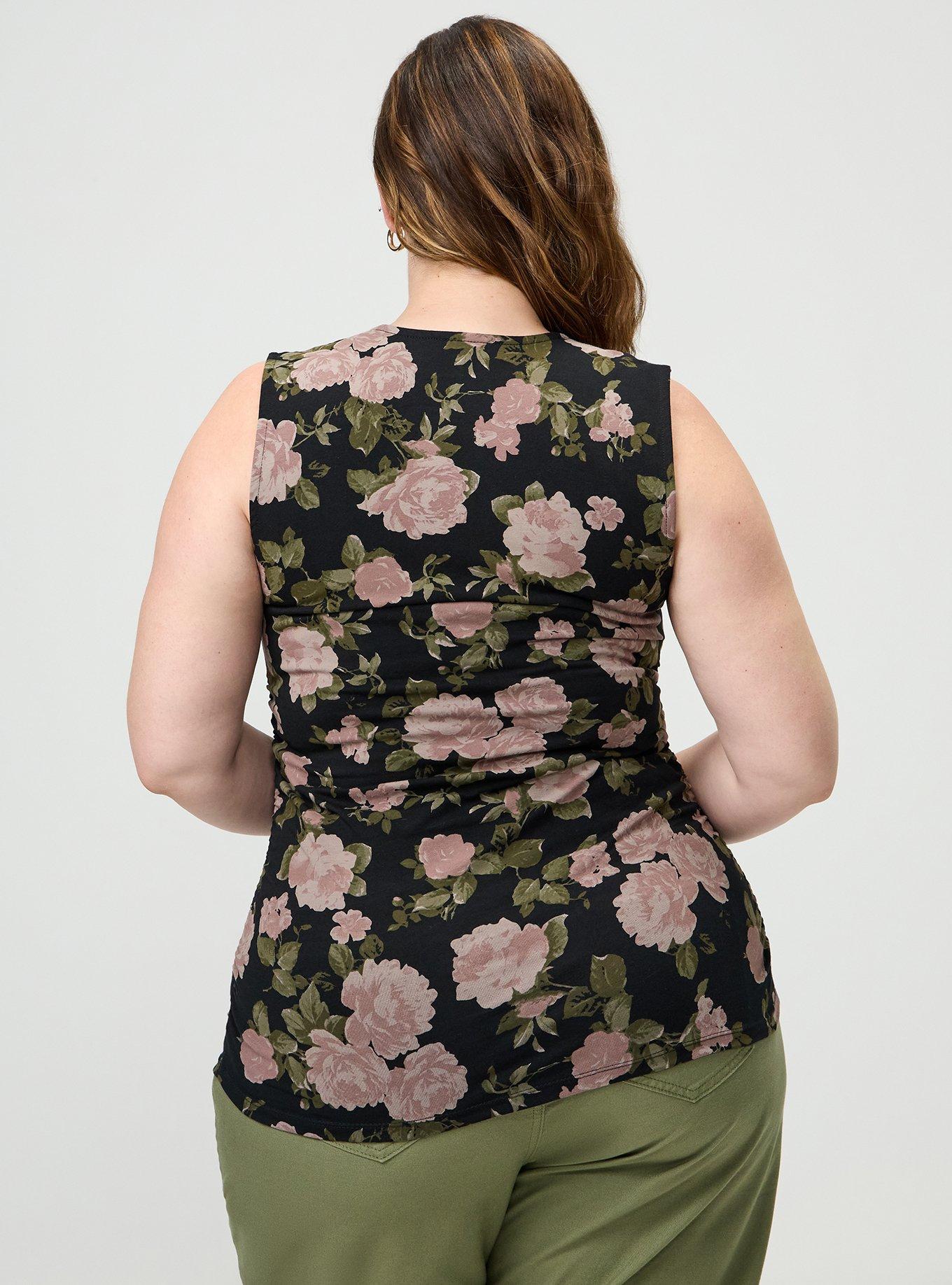 Plus Size Foxy Ruched Square Tank, KAI FLORAL BLACK, alternate