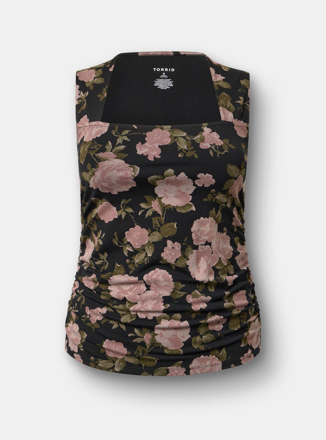 Plus Size Foxy Ruched Square Tank, KAI FLORAL BLACK, hi-res