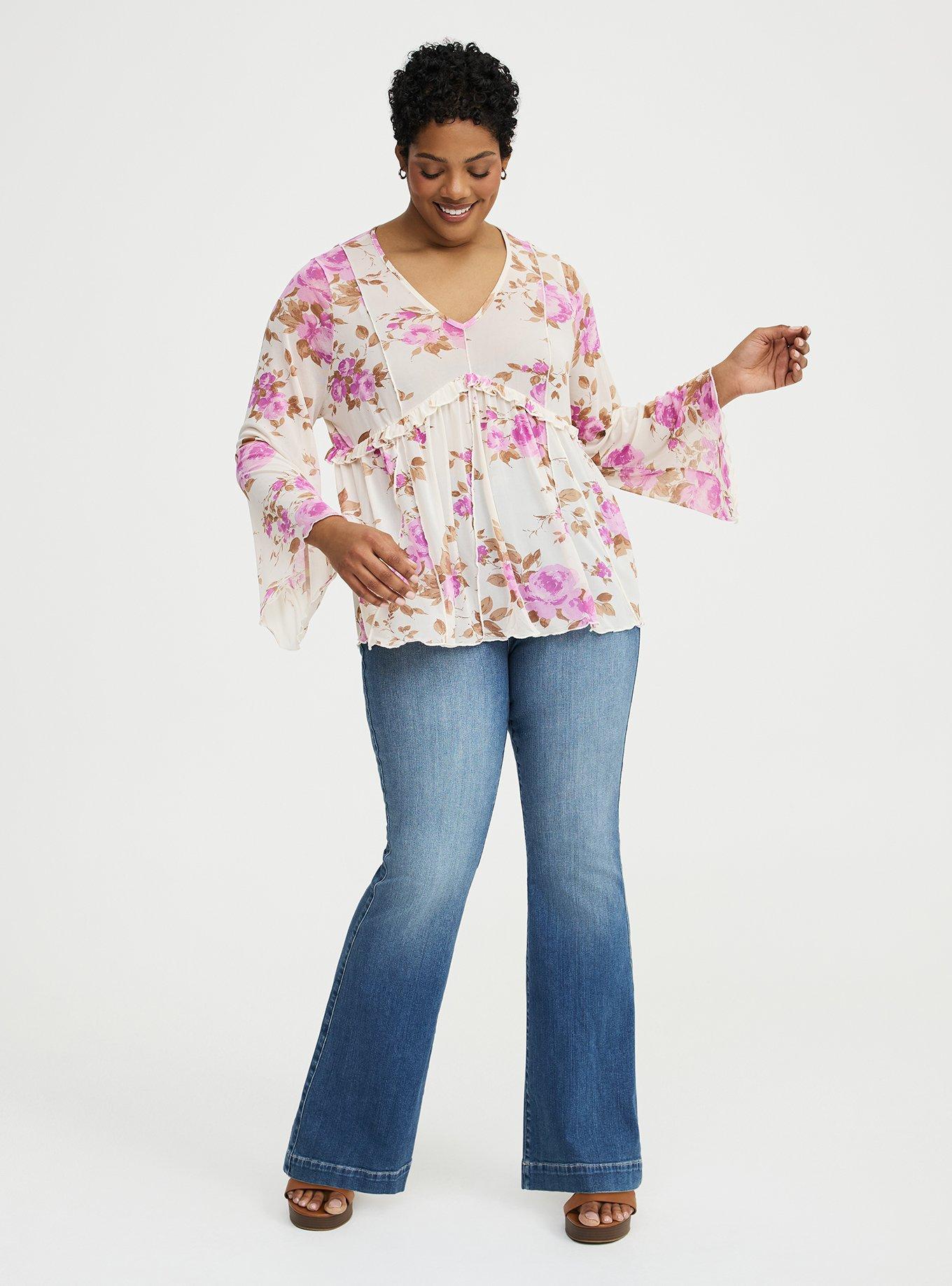 Mesh V-Neck Babydoll Top, REGINA FLORAL IVORY, alternate