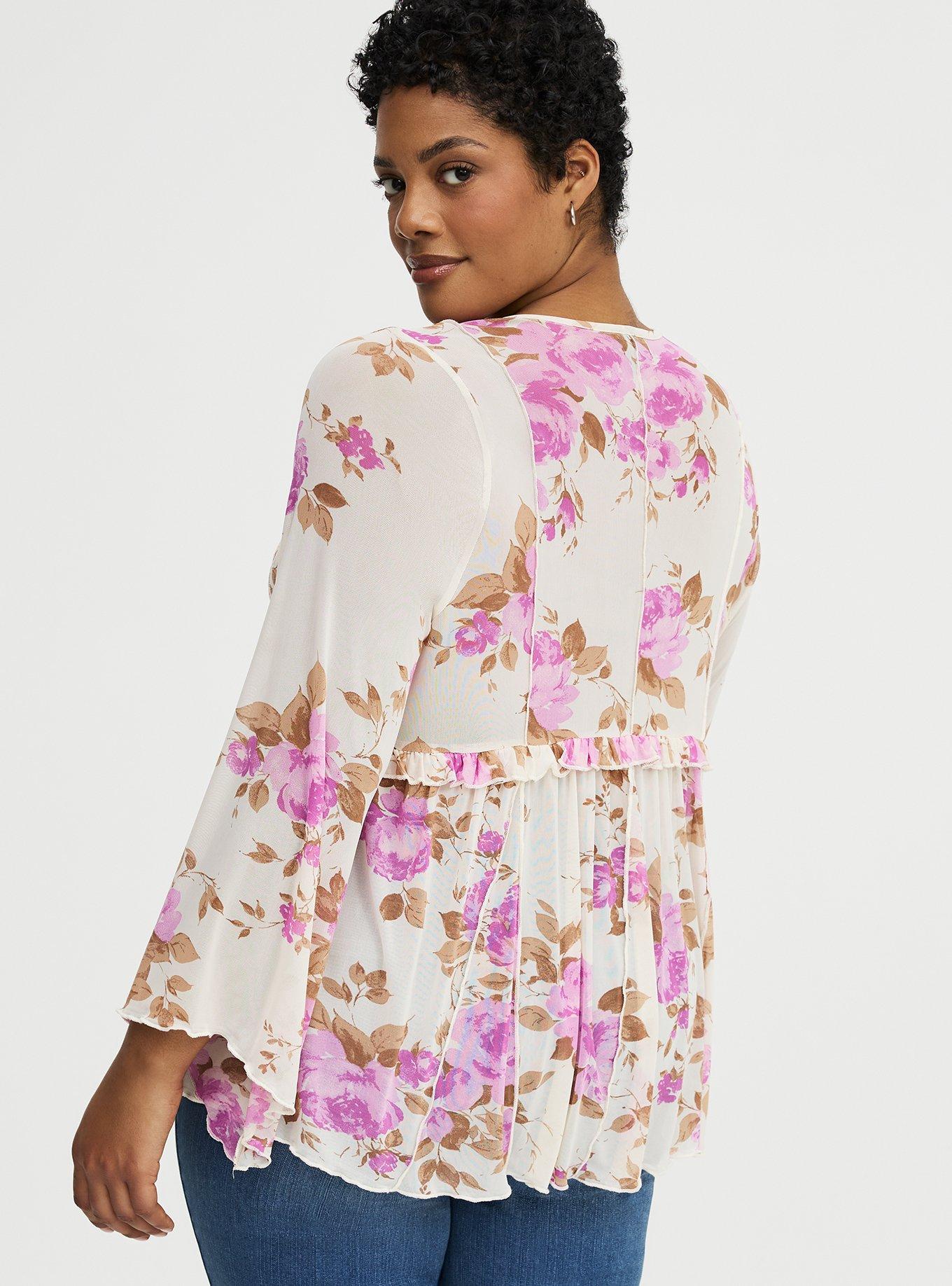 Mesh V-Neck Babydoll Top, REGINA FLORAL IVORY, alternate