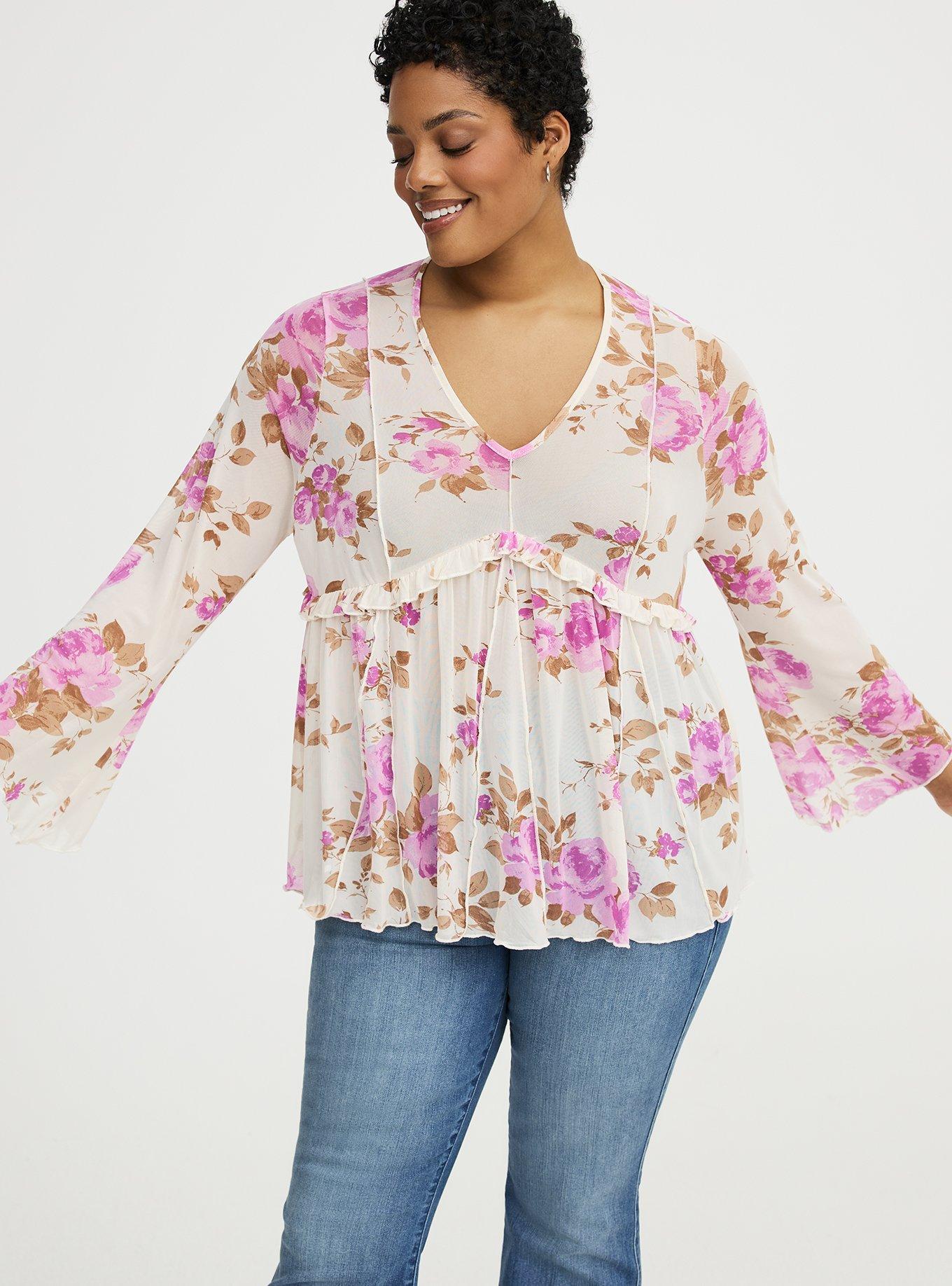 Mesh V-Neck Babydoll Top, REGINA FLORAL IVORY, alternate