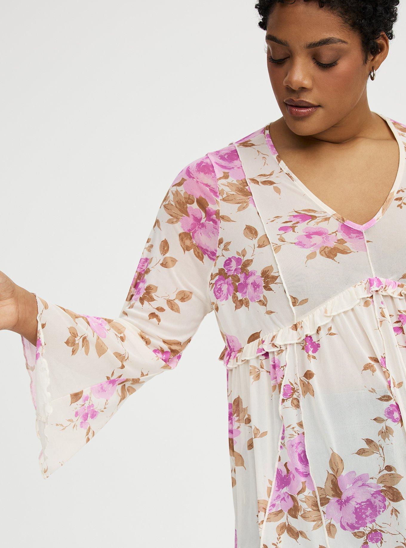 Mesh V-Neck Babydoll Top, REGINA FLORAL IVORY, alternate