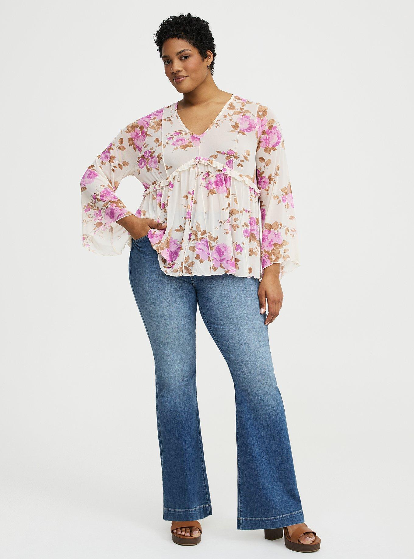 Mesh V-Neck Babydoll Top, REGINA FLORAL IVORY, alternate