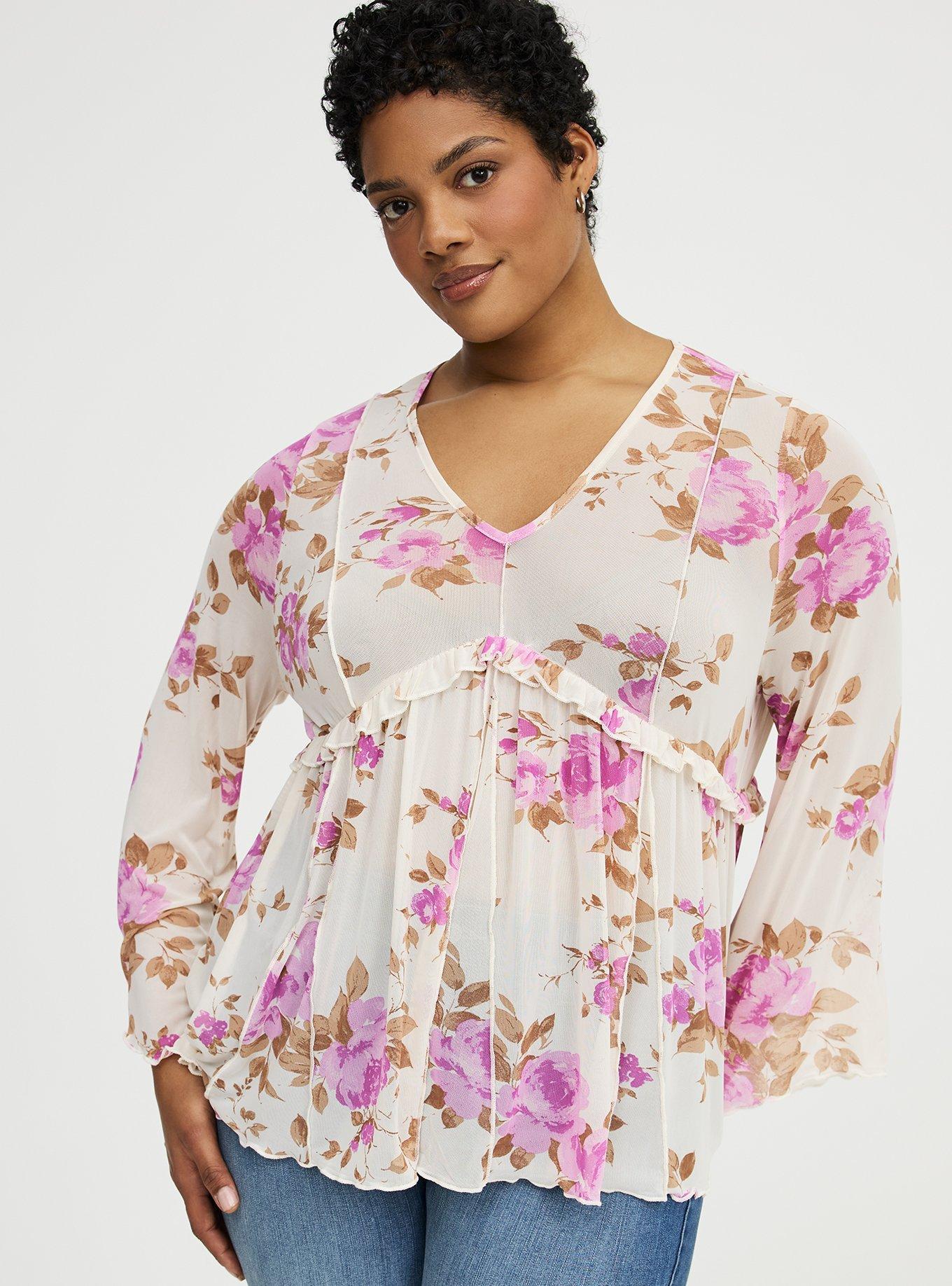 Mesh V-Neck Babydoll Top, REGINA FLORAL IVORY, hi-res