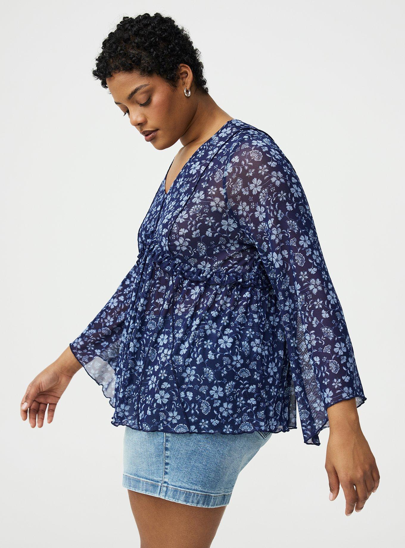 Mesh V-Neck Babydoll Top, RUMBLE JACO NAVY, alternate