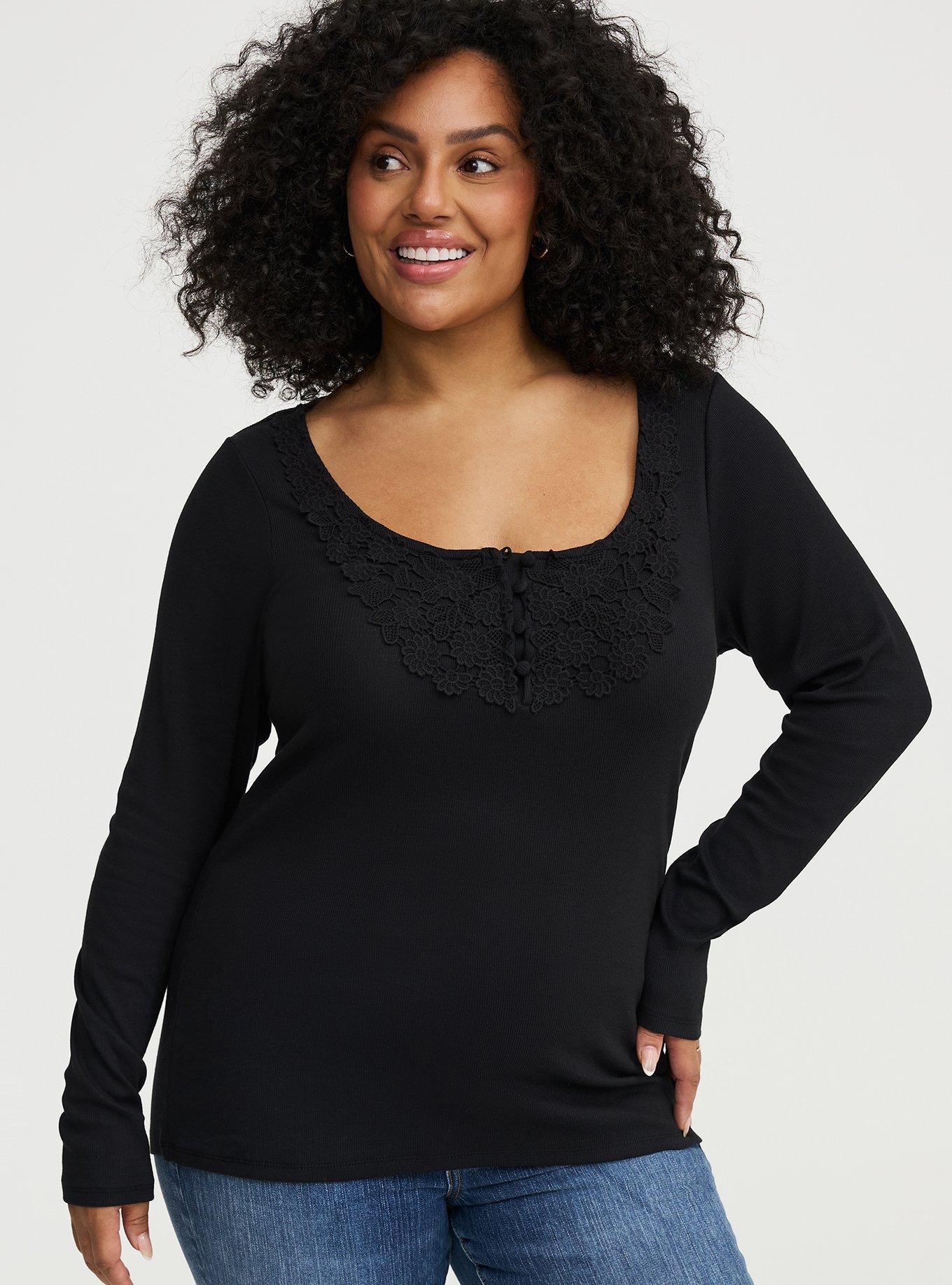 Cotton Modal Crochet Trim Henley Top, DEEP BLACK, alternate