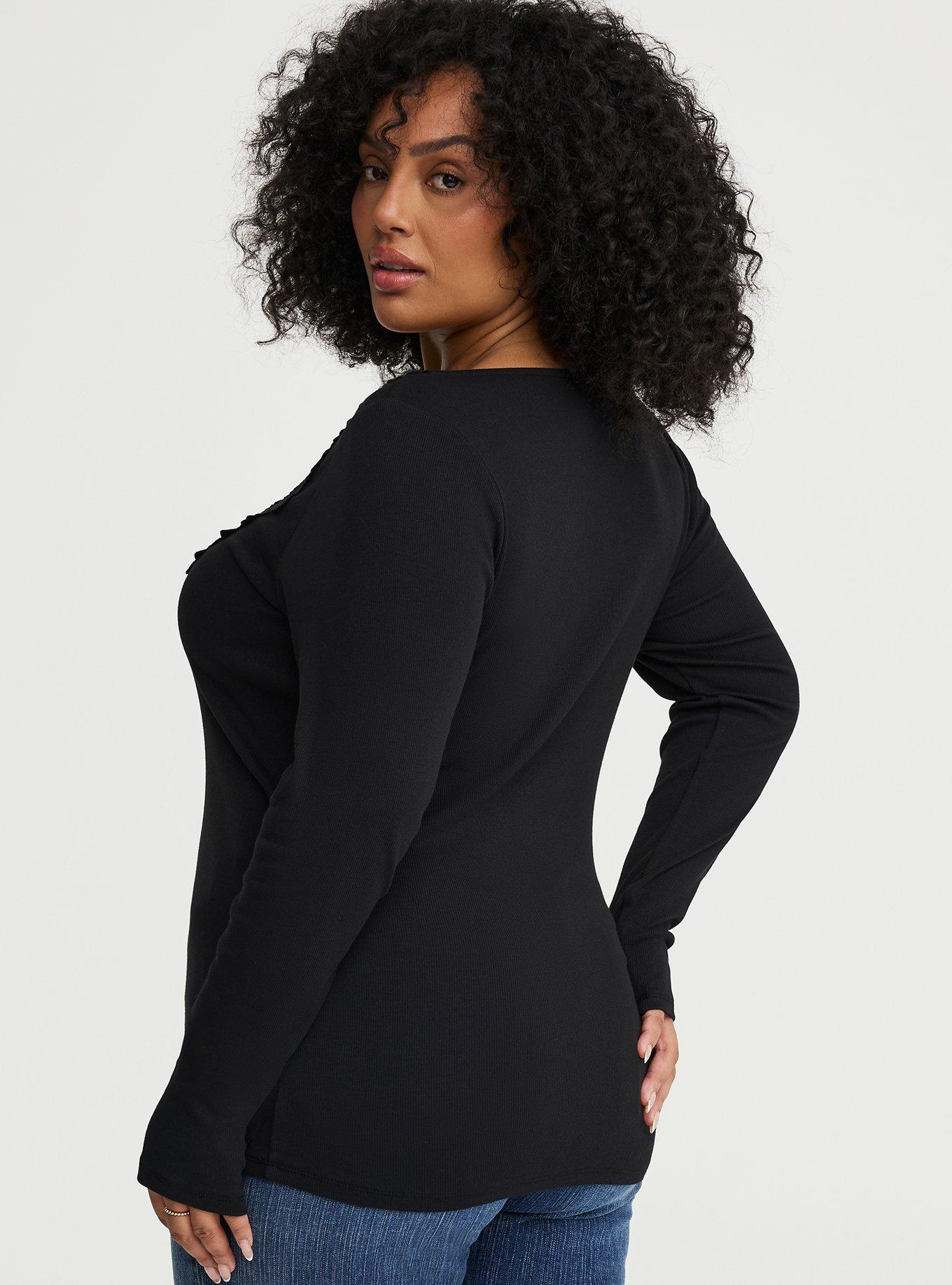 Cotton Modal Crochet Trim Henley Top, DEEP BLACK, alternate